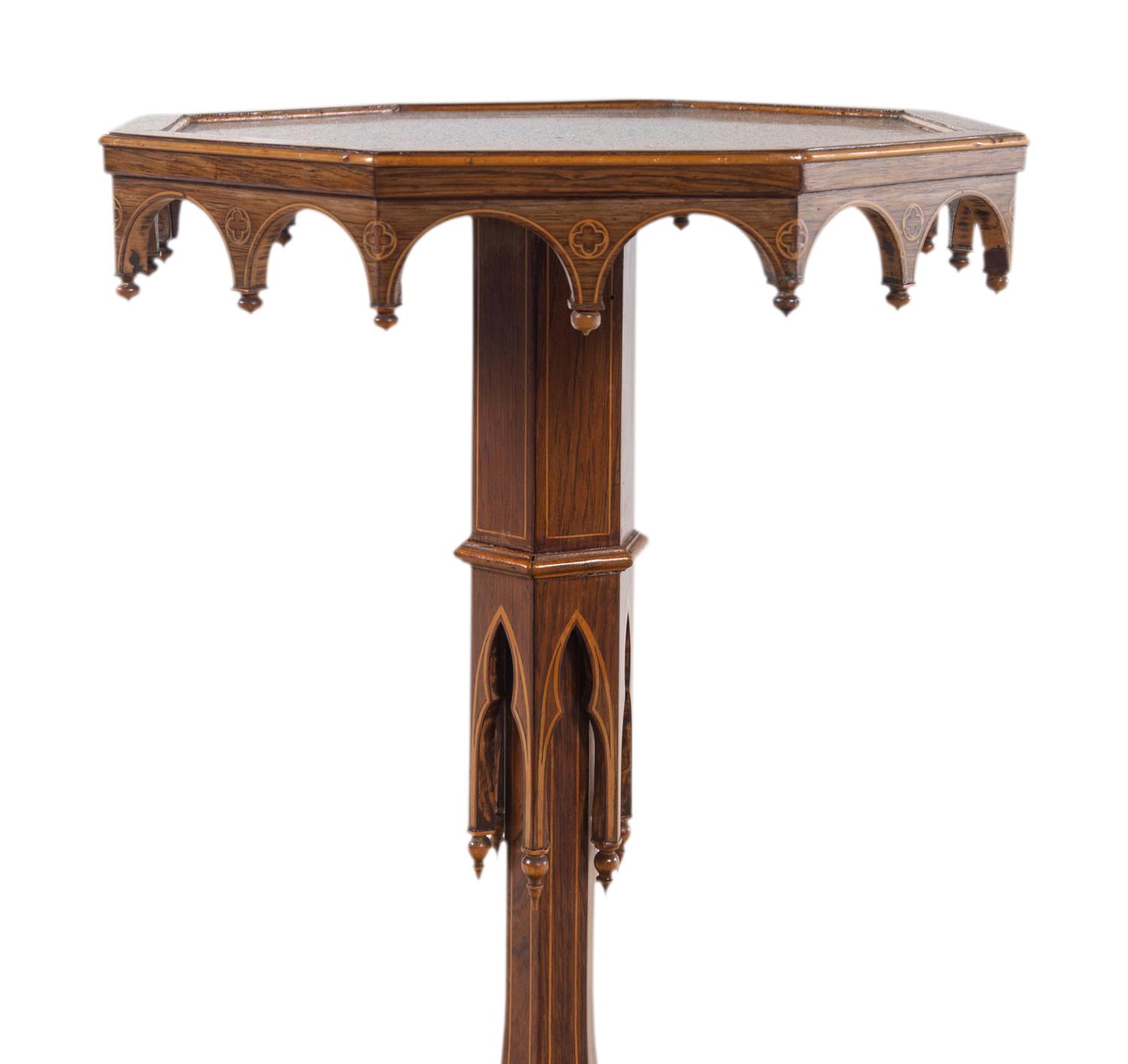 A Charles X Line Inlaid Rosewood Octagonal Occasional Table in the Gothic Taste