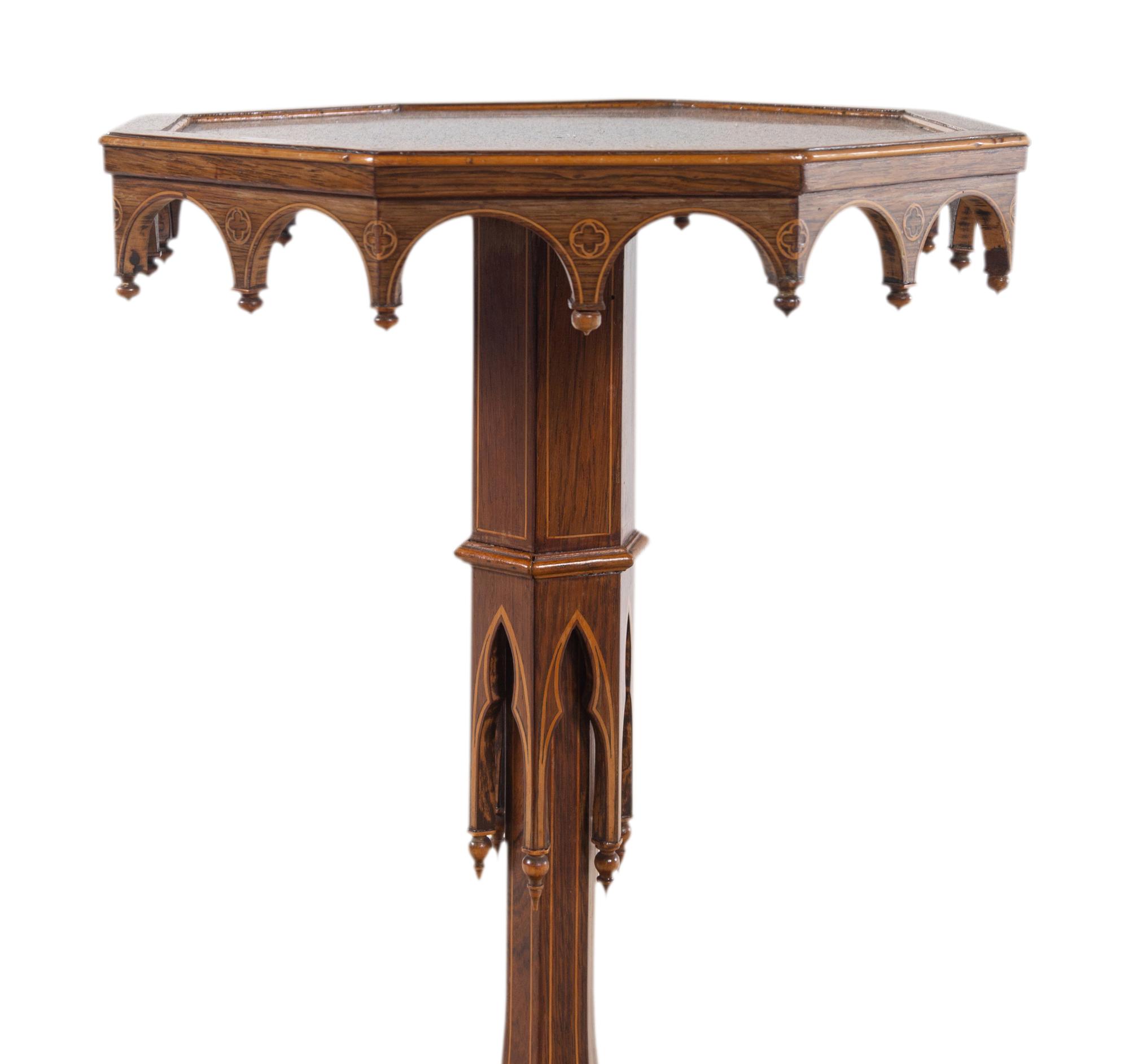 A Charles X Line Inlaid Rosewood Octagonal Occasional Table in the Gothic Taste