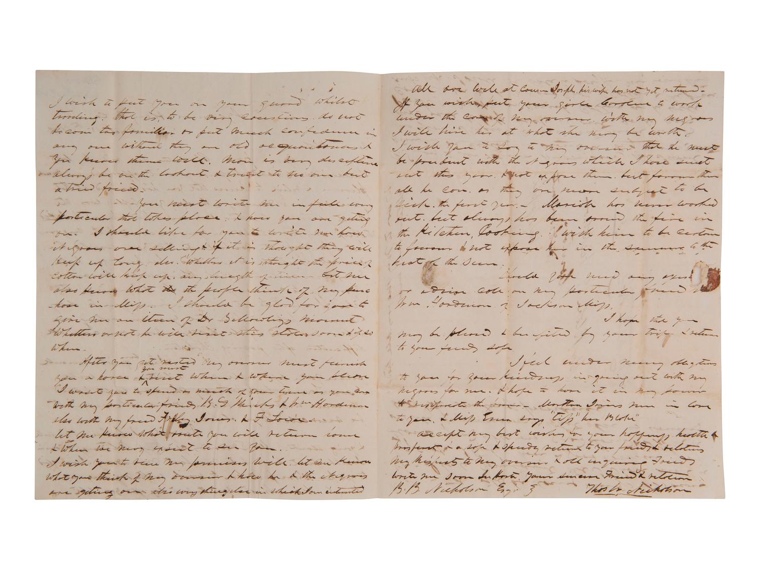 [ENSLAVEMENT]. 2 letters regarding the effects of heat and sun exposure on enslaved persons. 1850.