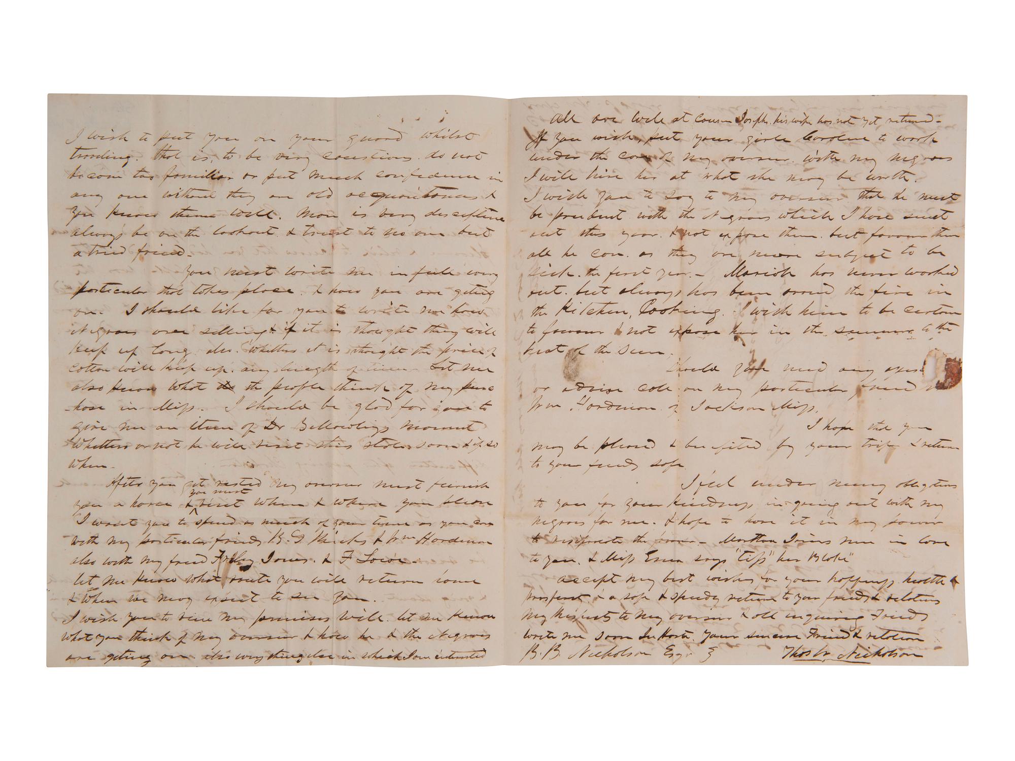 [ENSLAVEMENT]. 2 letters regarding the effects of heat and sun exposure on enslaved persons. 1850.