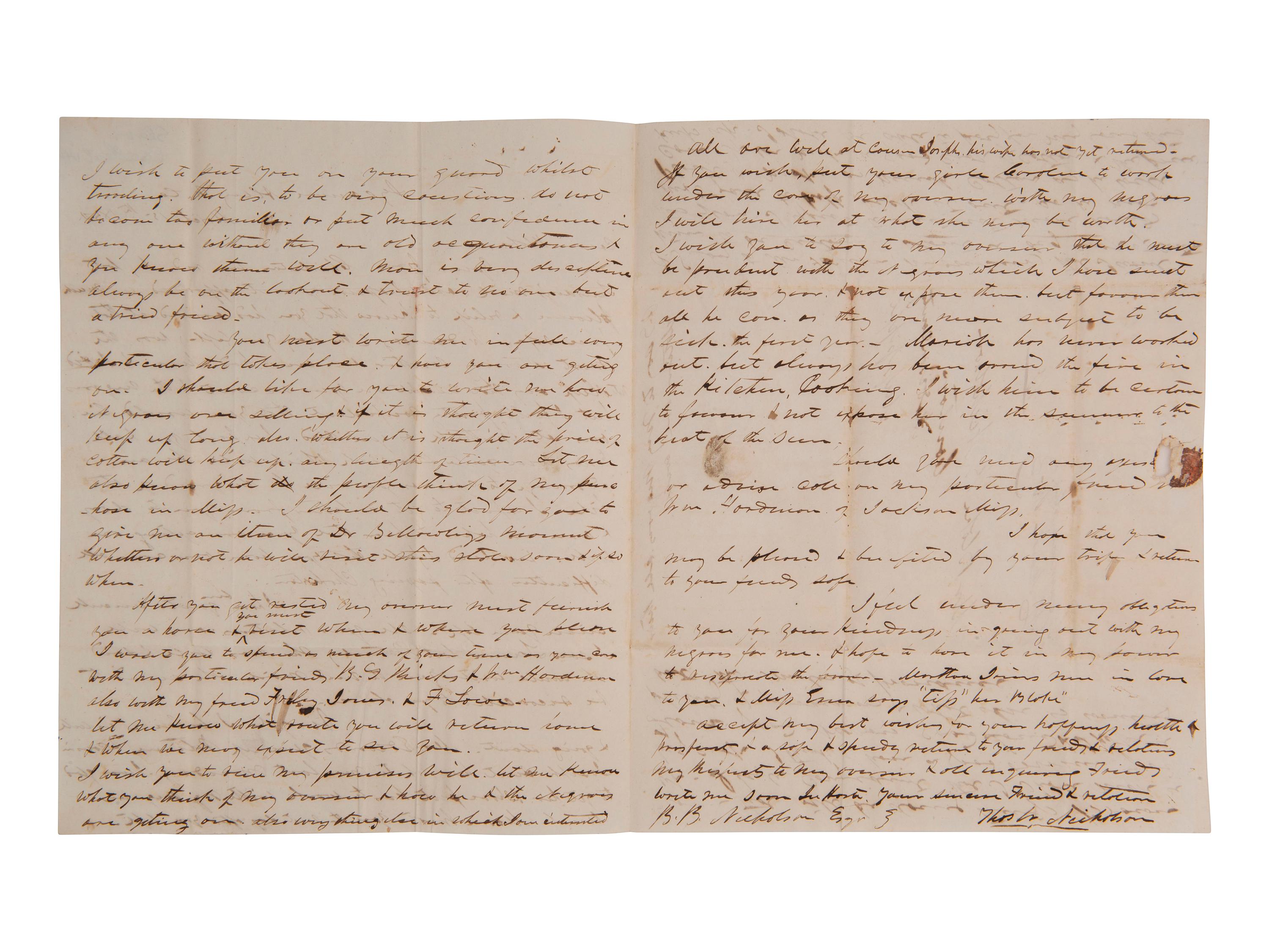 [ENSLAVEMENT]. 2 letters regarding the effects of heat and sun exposure on enslaved persons. 1850.