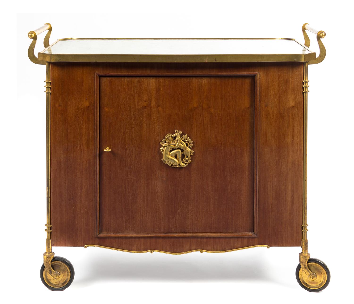 An Art Deco Gilt Bronze Mounted Bar Cart Height 33 x width 39 x depth 19 3/4 inches.
