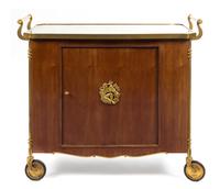 An Art Deco Gilt Bronze Mounted Bar Cart Height 33 x width 39 x depth 19 3/4 inches.