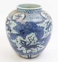 Three Large Blue and White Porcelain Jars Height of first 16 3/4 inches.