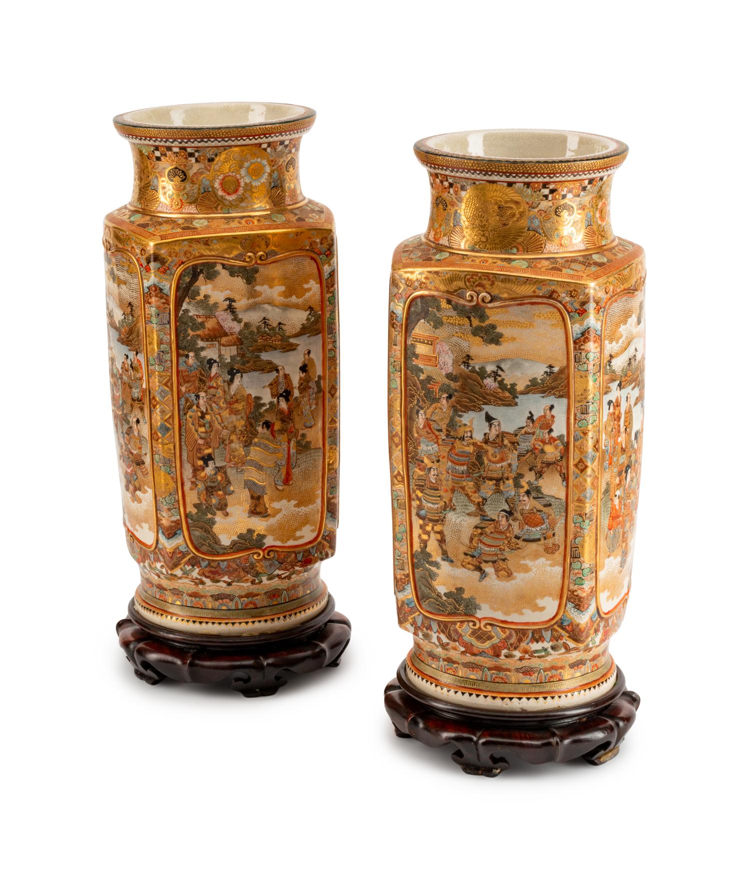 A Pair of Satsuma Earthenware Vases — MEIJI PERIOD