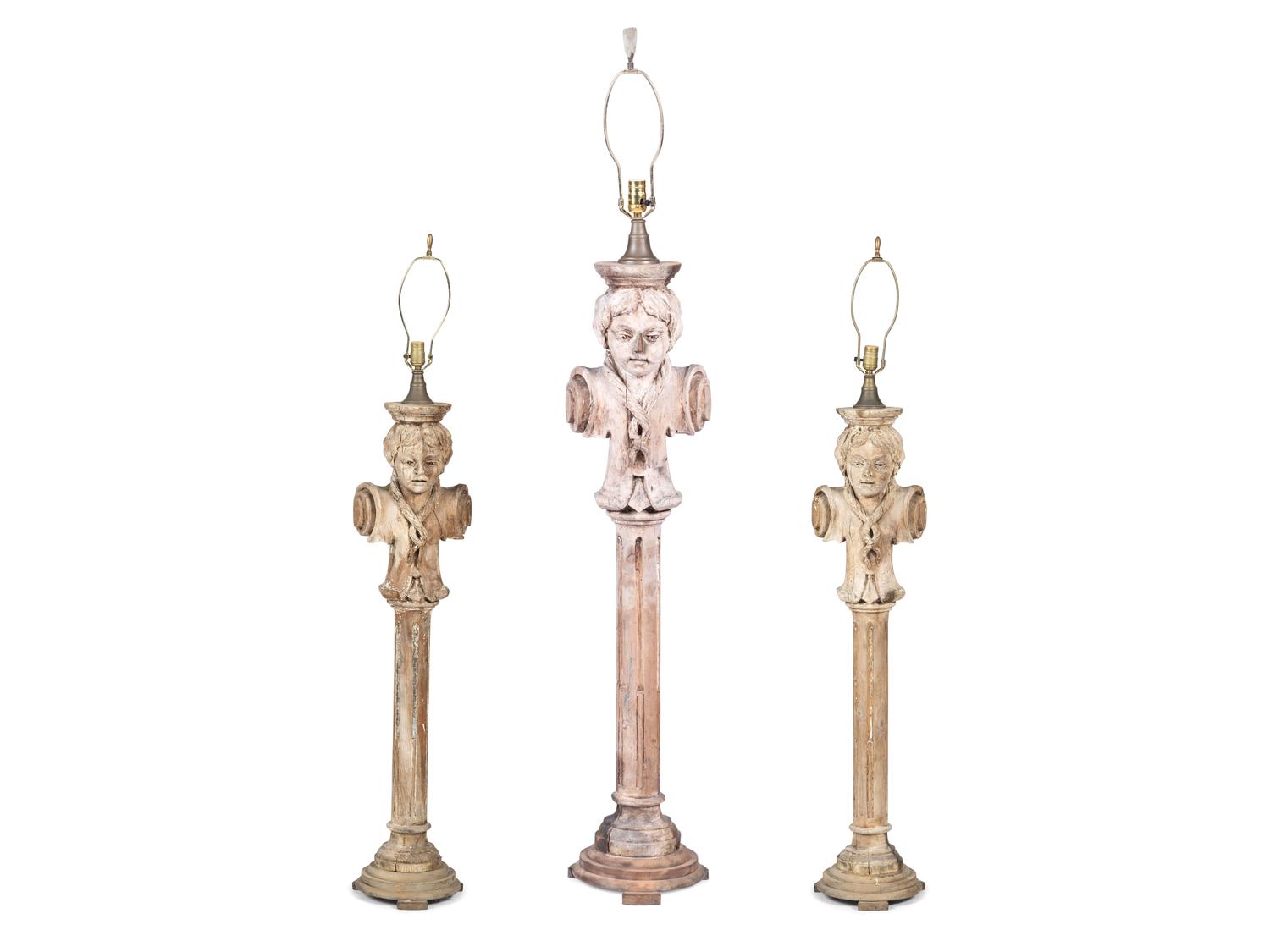 Three Carved and Painted Wood Column Busts