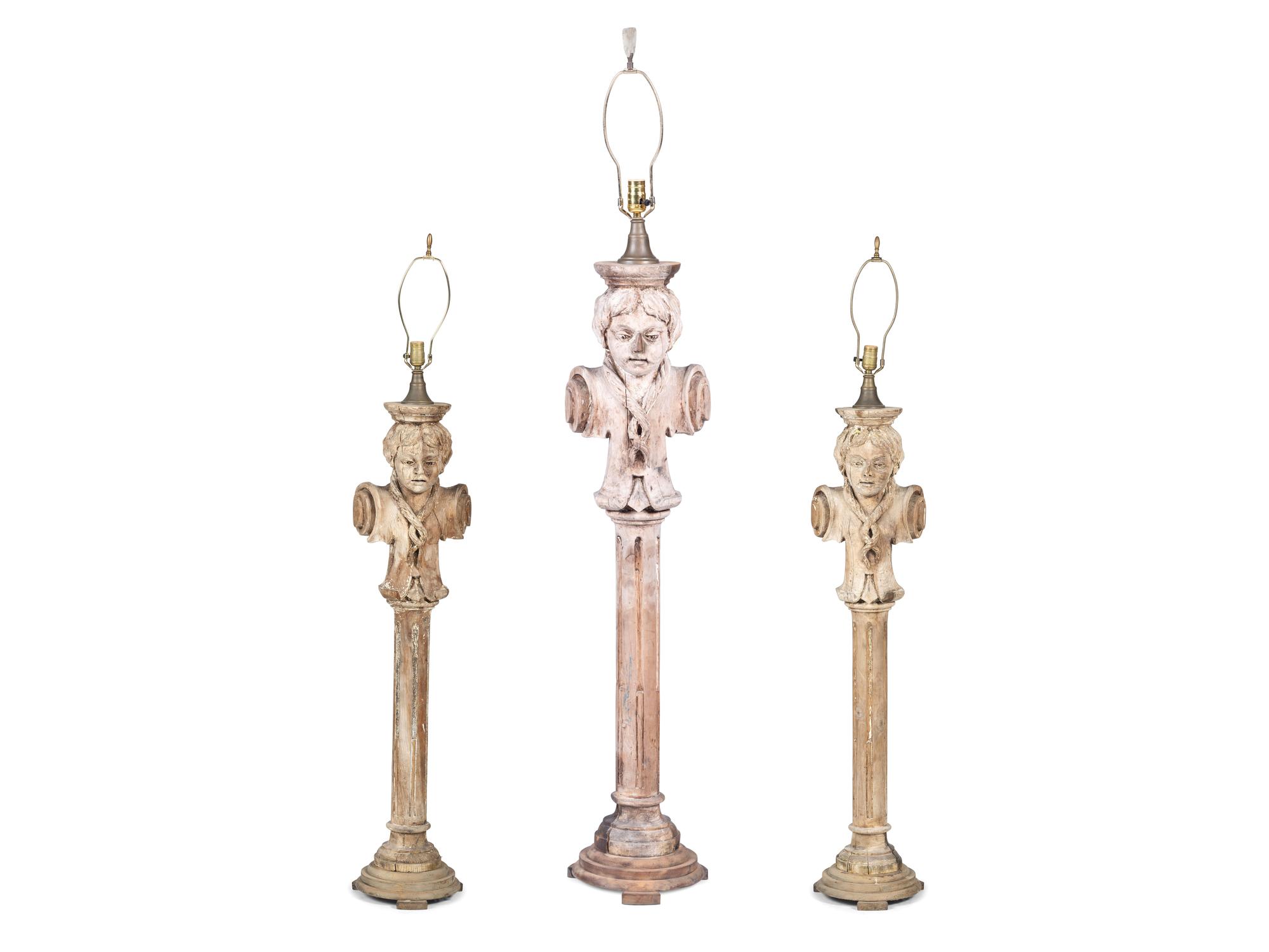 Three Carved and Painted Wood Column Busts