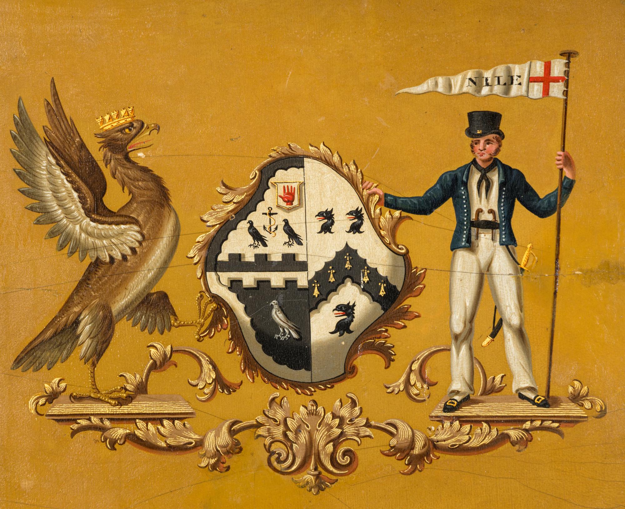 An English Painted Coach Panel with a Coat of Arms