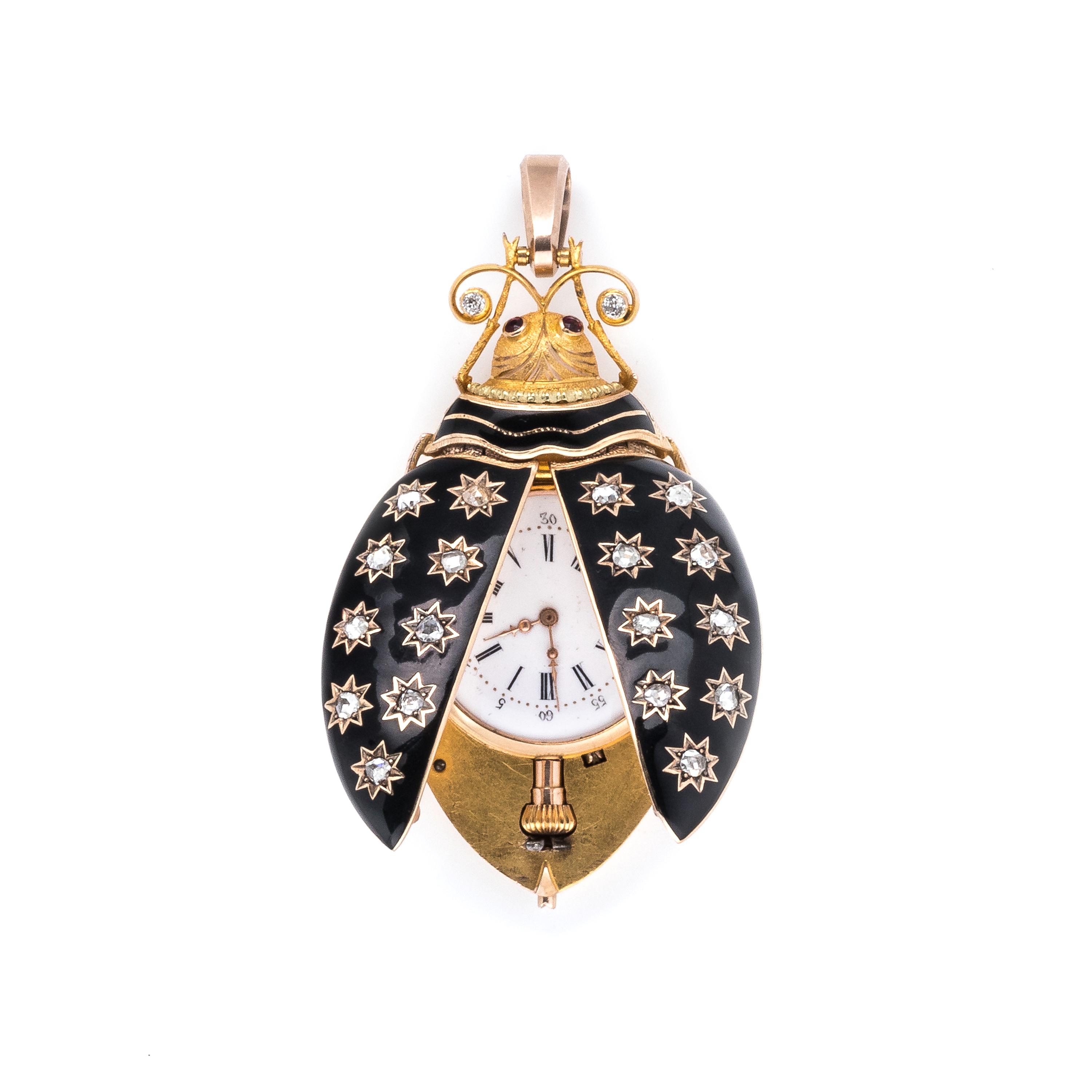 ANTIQUE, YELLOW GOLD, ENAMEL AND DIAMOND BEETLE PENDANT WATCH