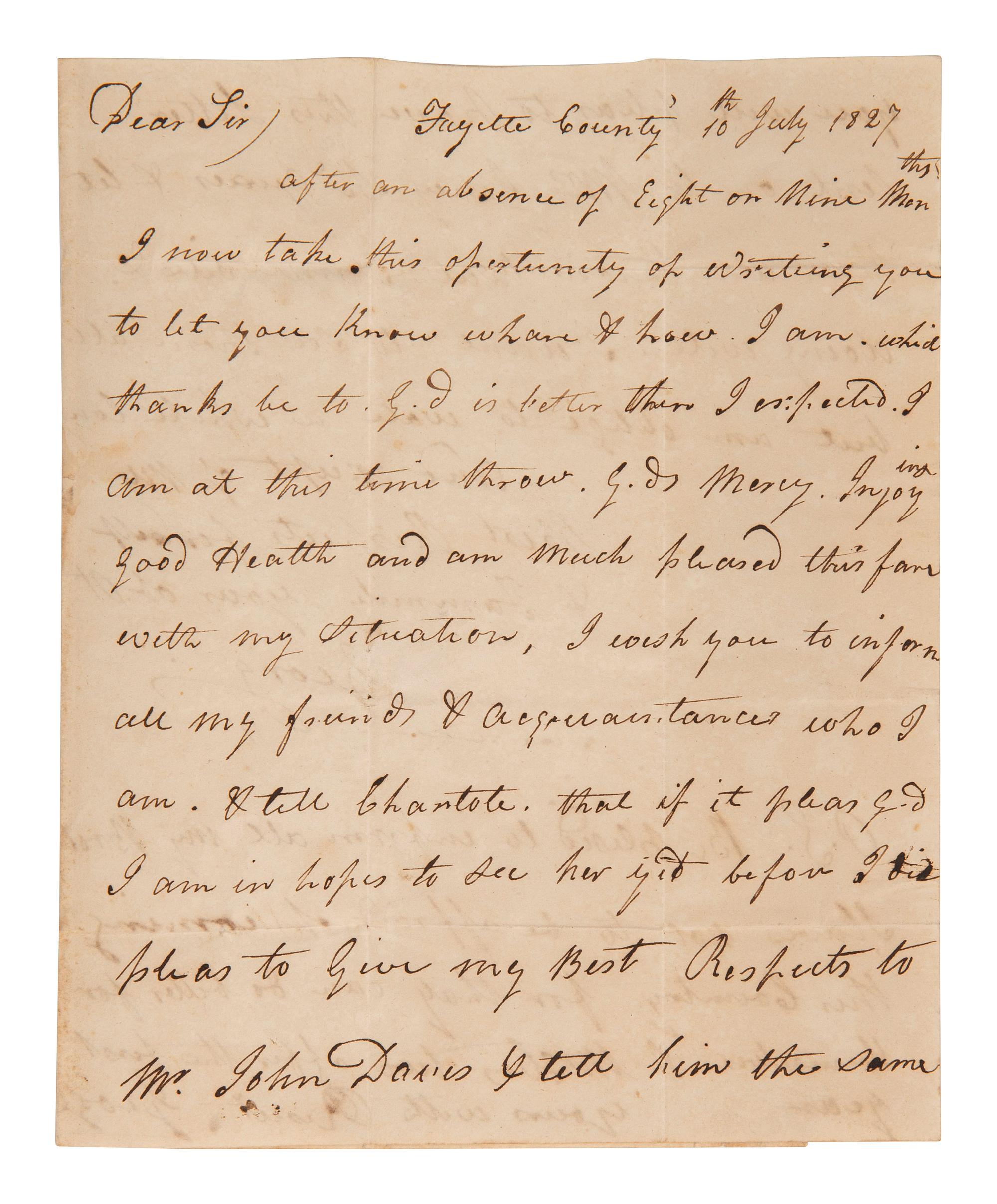 [ENSLAVEMENT]. Letter from a formerly enslaved man named George. 10 July 1827.