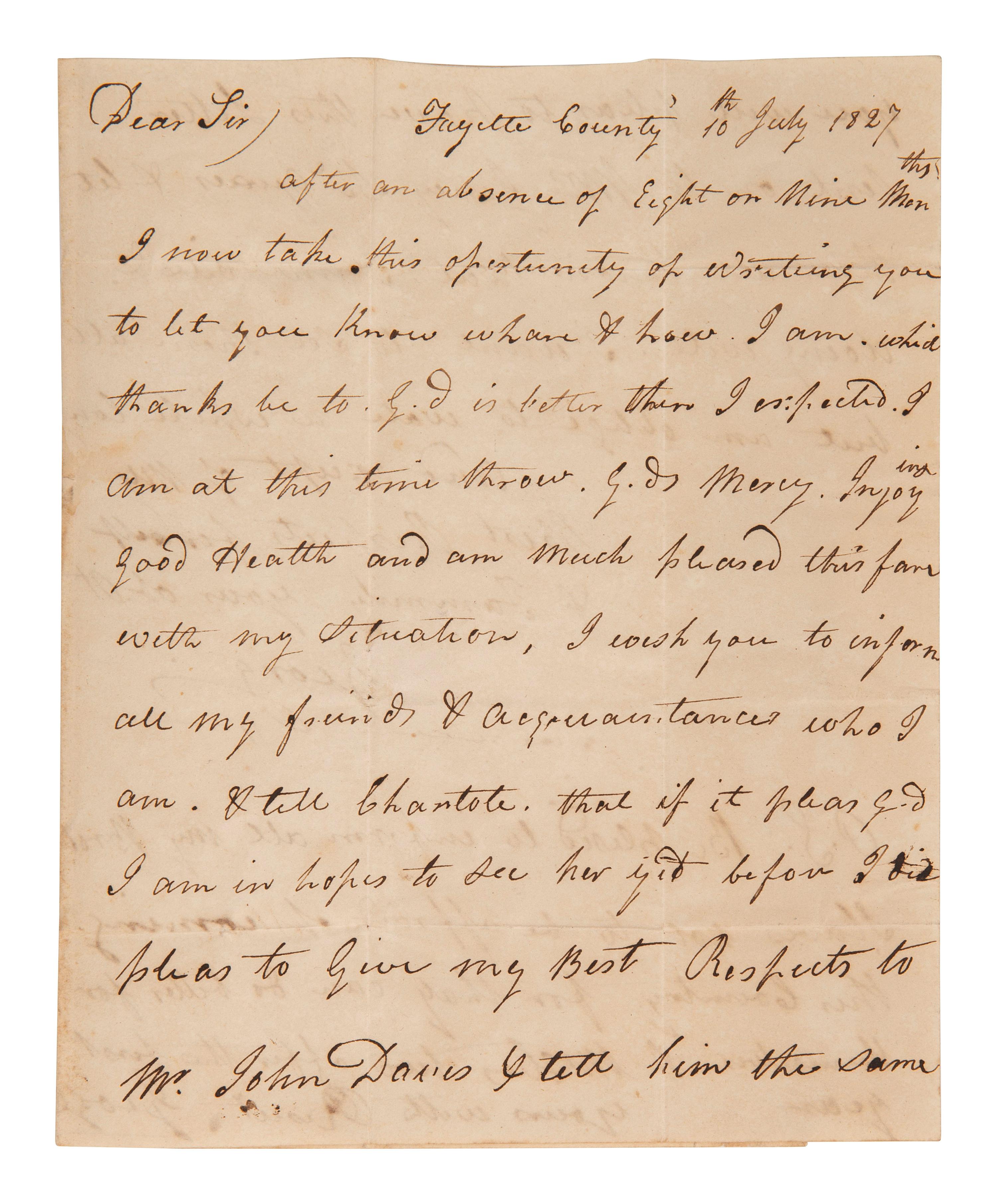 [ENSLAVEMENT]. Letter from a formerly enslaved man named George. 10 July 1827.
