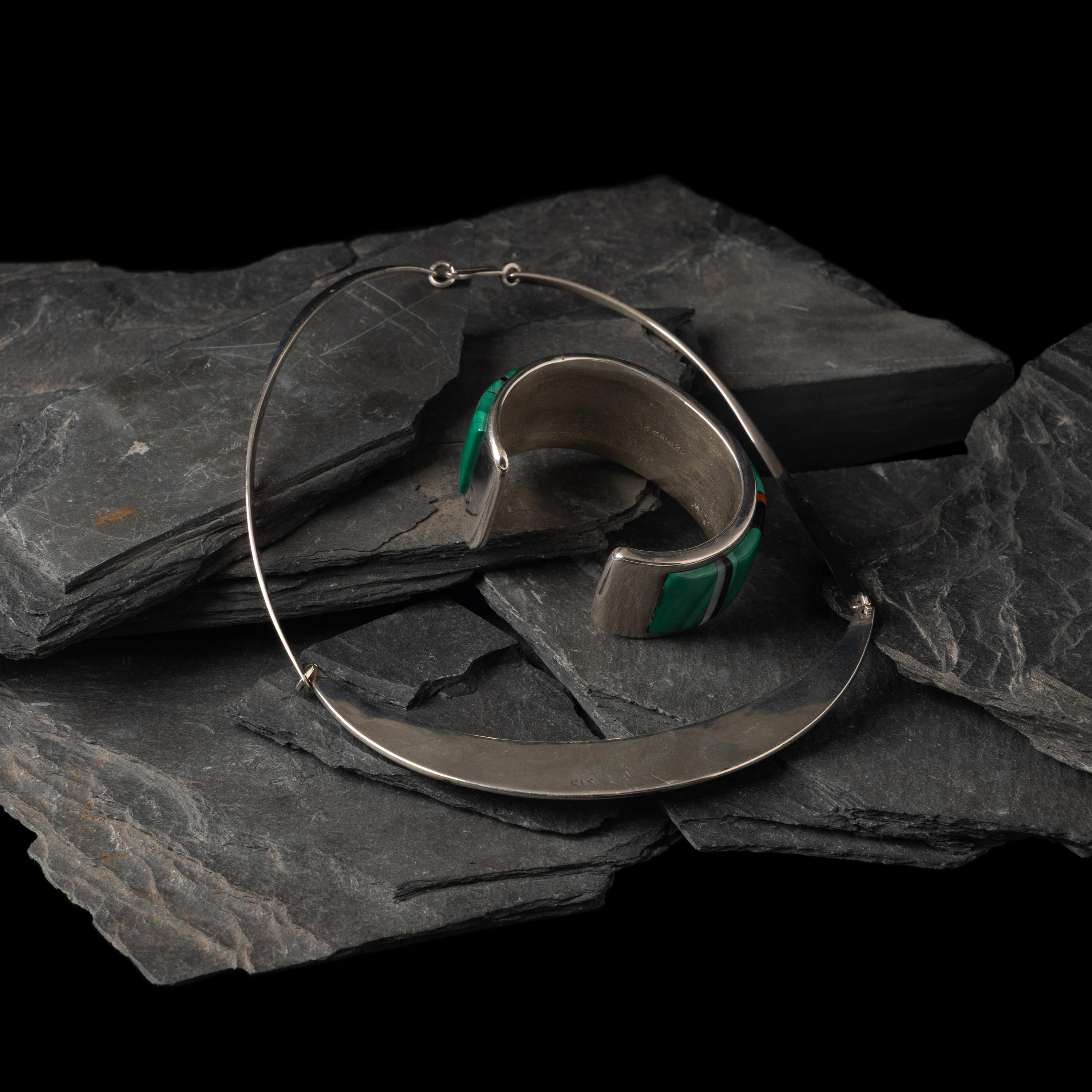Richard Chavez (San Felipe, b. 1949) — Silver and Malachite Collar Necklace and Cuff Bracelet Set