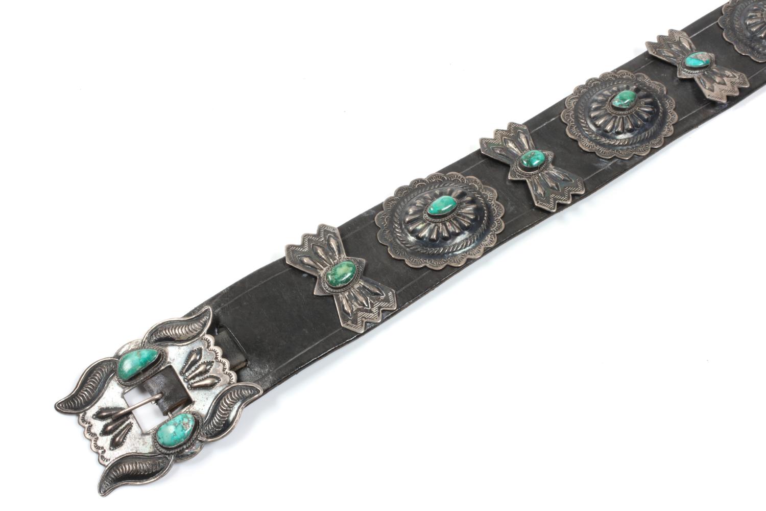 Navajo Turquoise and Silver Concho Belt Length 43 inches