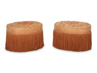 A Pair of Button-Tufted Damask Upholstered Ottomans
