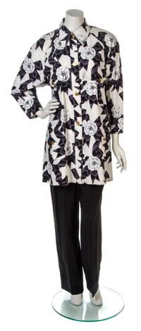 A Chanel Black and White Camellia Print Shirt, Pants size 42.