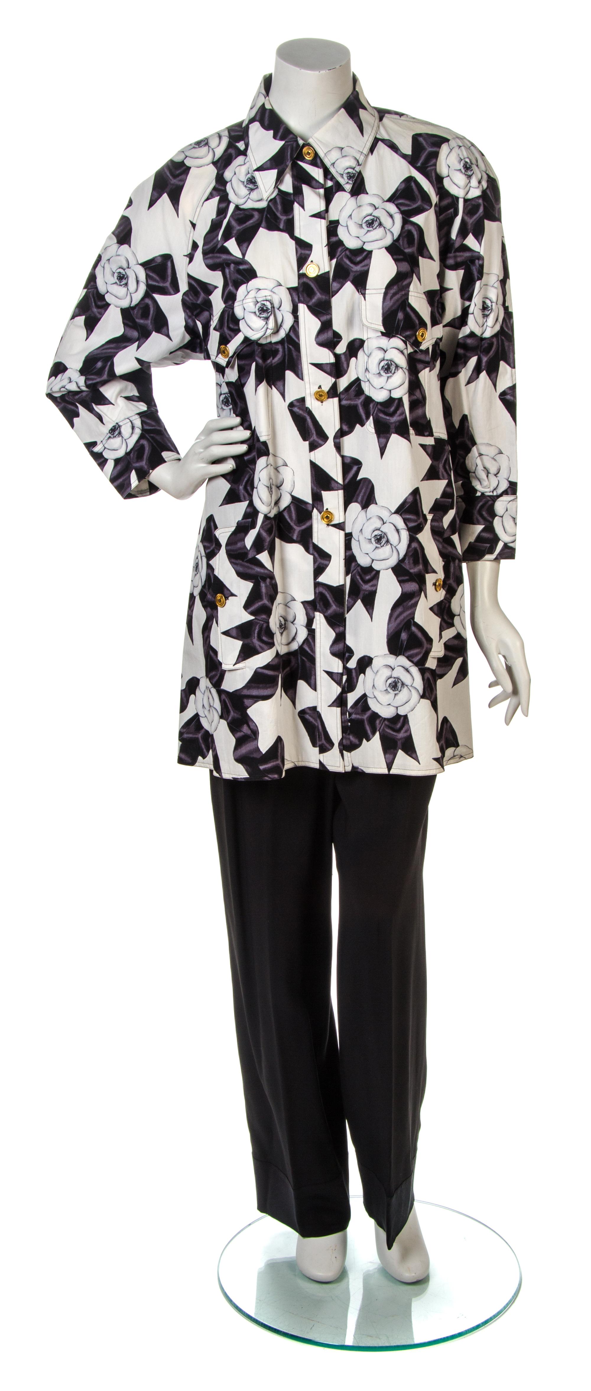 A Chanel Black and White Camellia Print Shirt, Pants size 42.