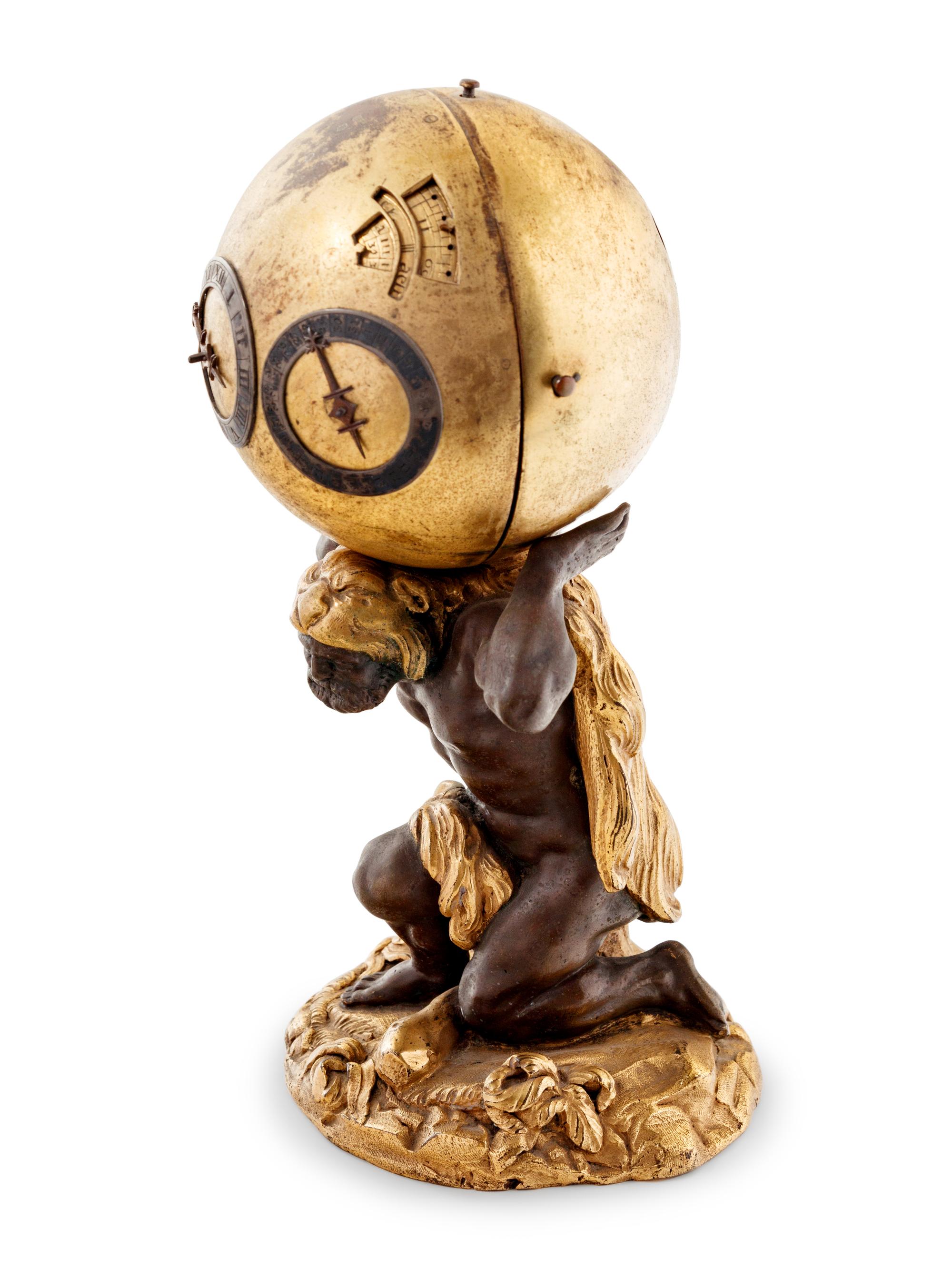 A Continental Parcel Gilt Bronze Figural Compound Mantel Clock and Barometer