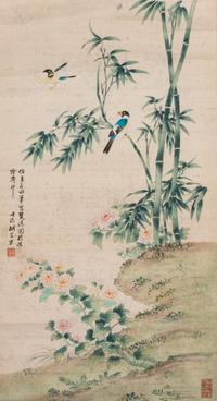 A Chinese Ink and Color Painting on Paper Scroll 42 1/4 x 22 inches (image).