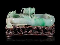 An Apple Green and White Jadeite 'Buddha's Hand Citron and Insects' Brush Washer