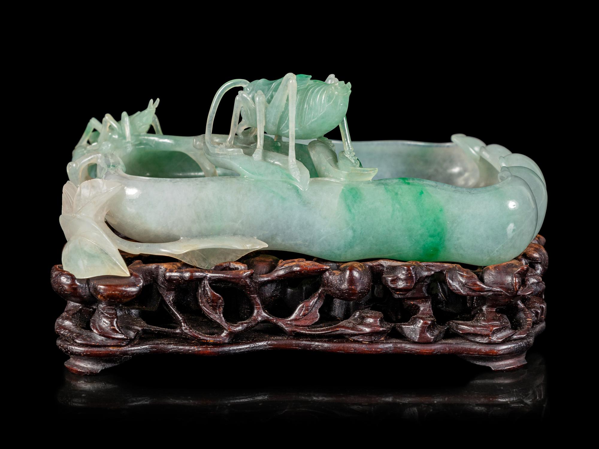 An Apple Green and White Jadeite 'Buddha's Hand Citron and Insects' Brush Washer