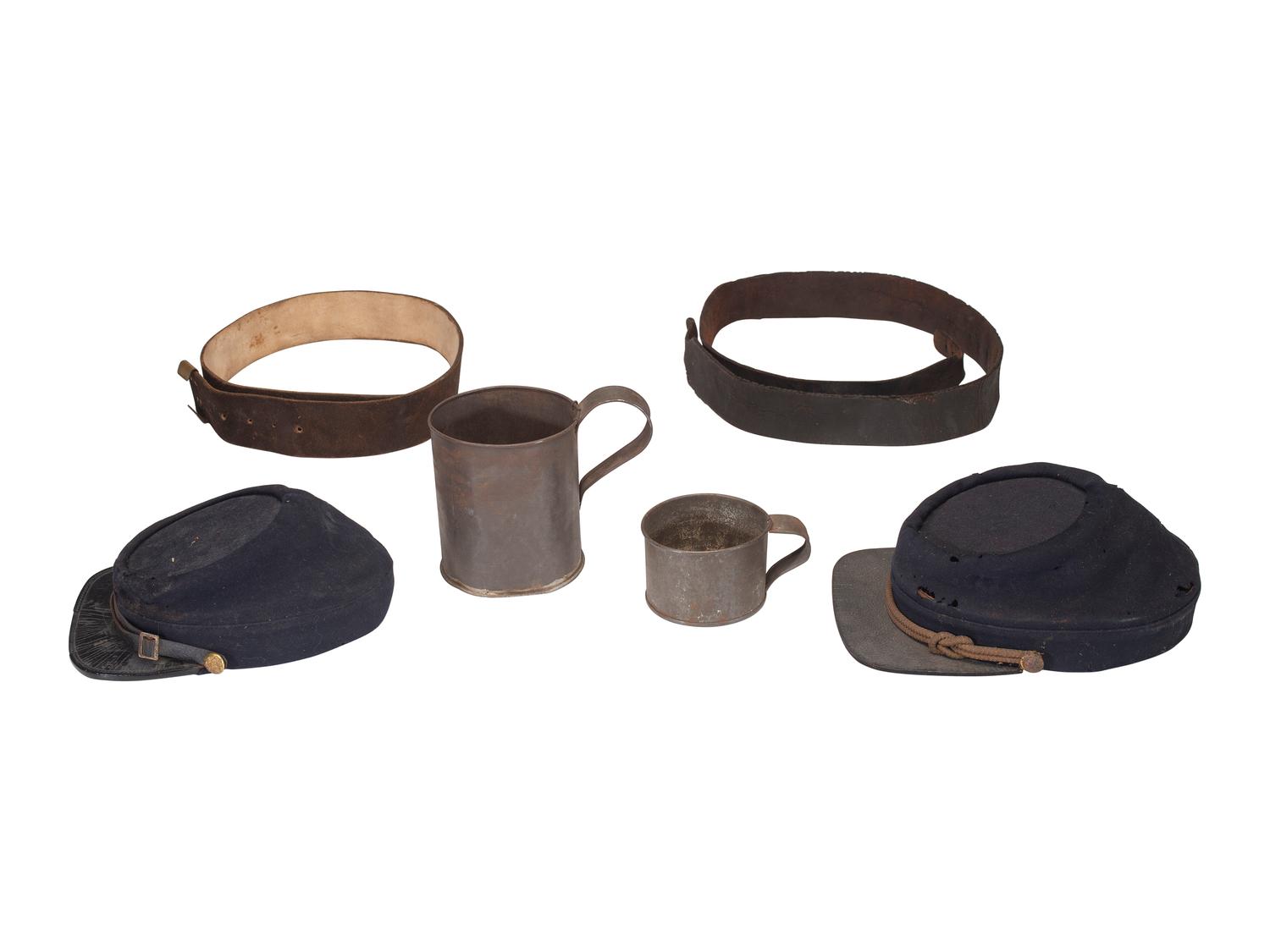 [CIVIL WAR - LATE INDIAN WARS]. 5 items, incl. pattern 1864 leather belt and kepis.