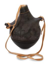 Micaceous Black and Sienna Pottery Canteen, with Sgraffito Decoration