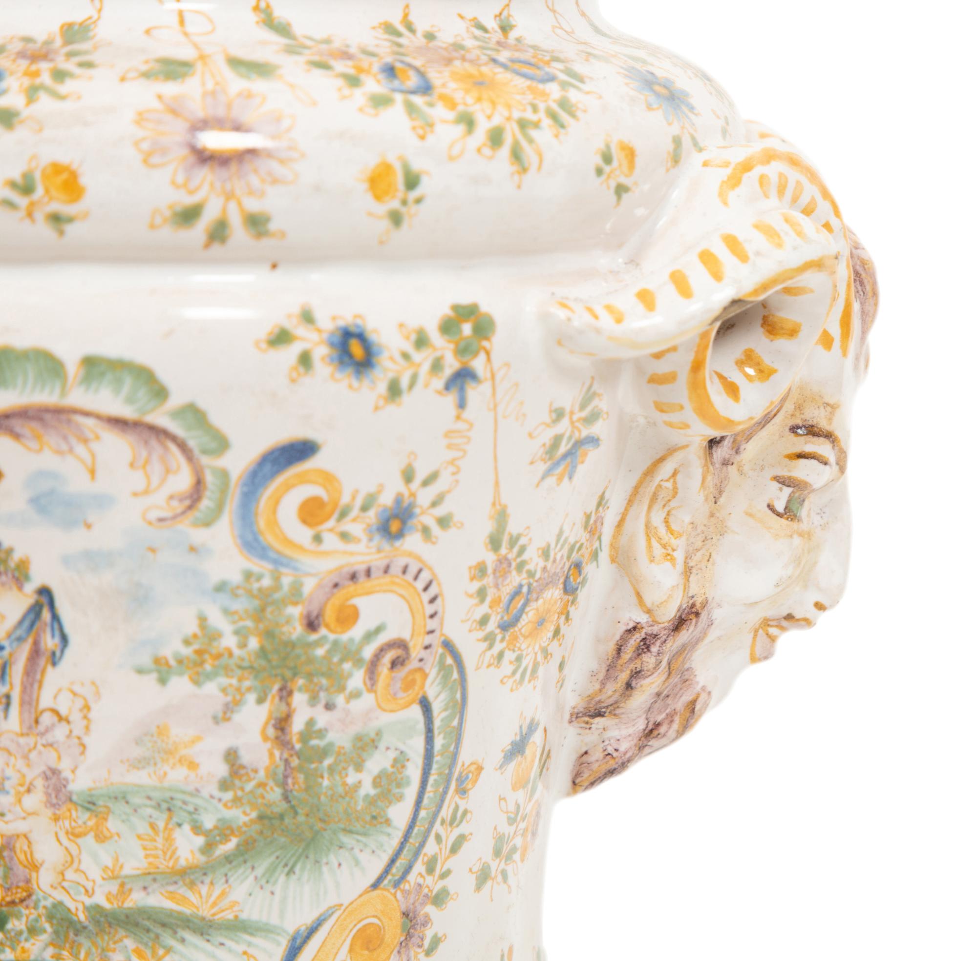 A Large Majolica Covered Urn with Horned Satyr Mask Handles