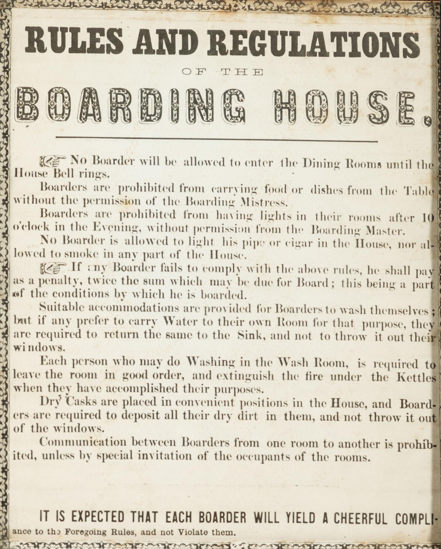 [RULES & REGULATIONS] -- [LODGING]. A group of 4 broadsides outlining rules and regulations and matters related to lodgings and other establishments.
