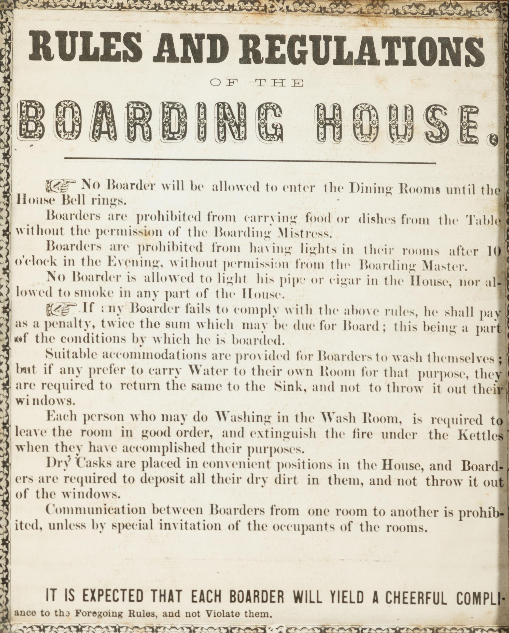 [RULES & REGULATIONS] -- [LODGING]. A group of 4 broadsides outlining rules and regulations and matters related to lodgings and other establishments.