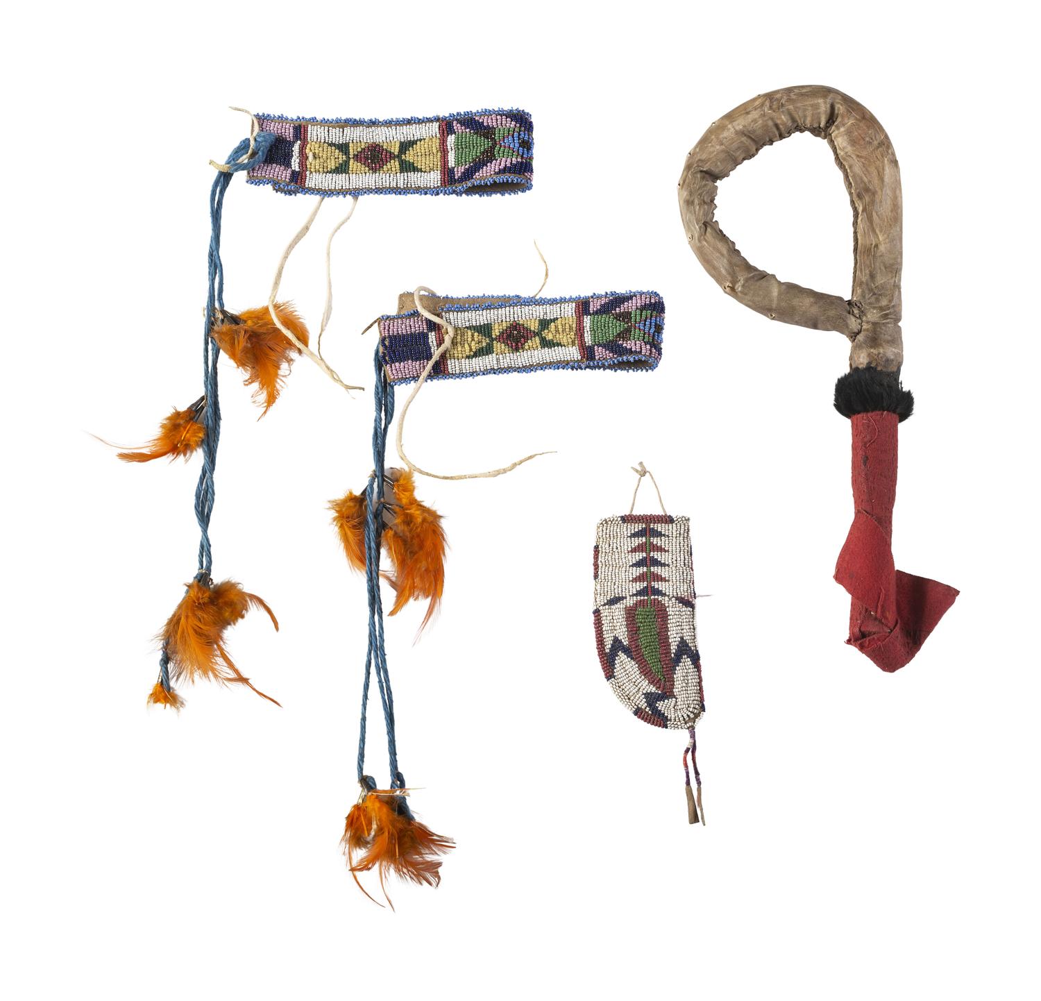 Sioux Beaded Hide Knife Sheath, Armbands, and Rattle
