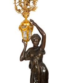 A Pair of French Gilt and Patinated Bronze Figural Nine-Light Torchères
