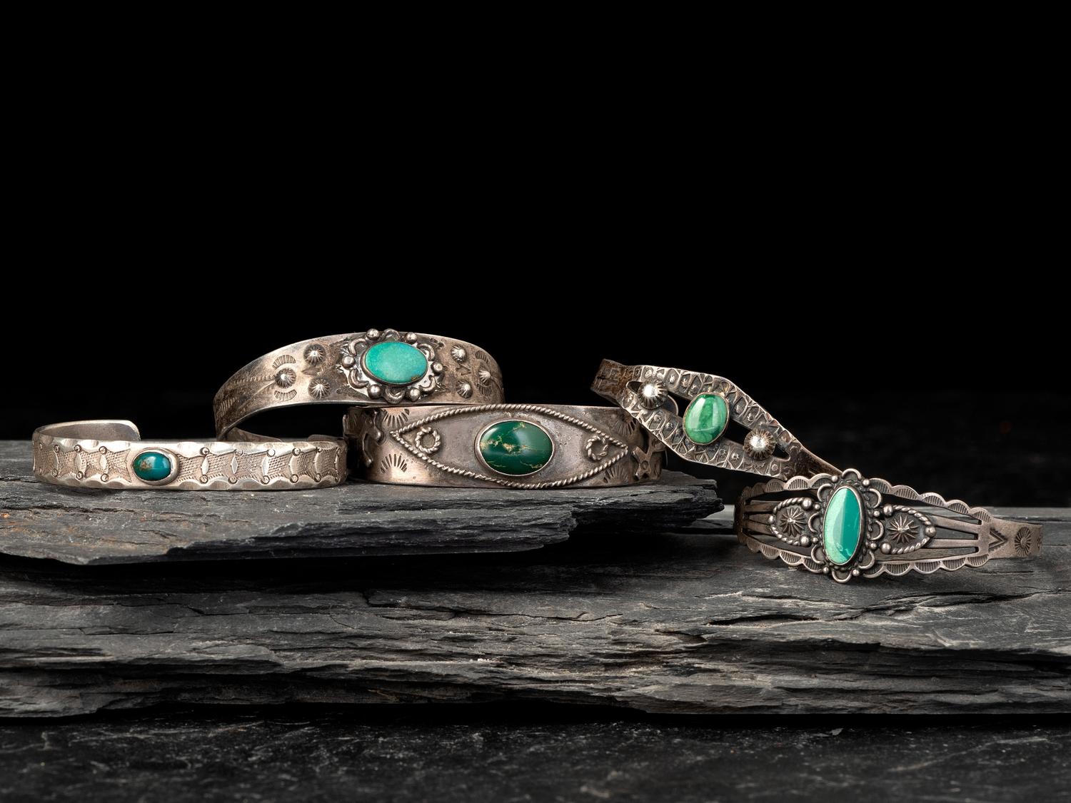 Fred Harvey Era Slender Navajo Silver and Turquoise Cuff Bracelets