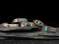 Fred Harvey Era Slender Navajo Silver and Turquoise Cuff Bracelets