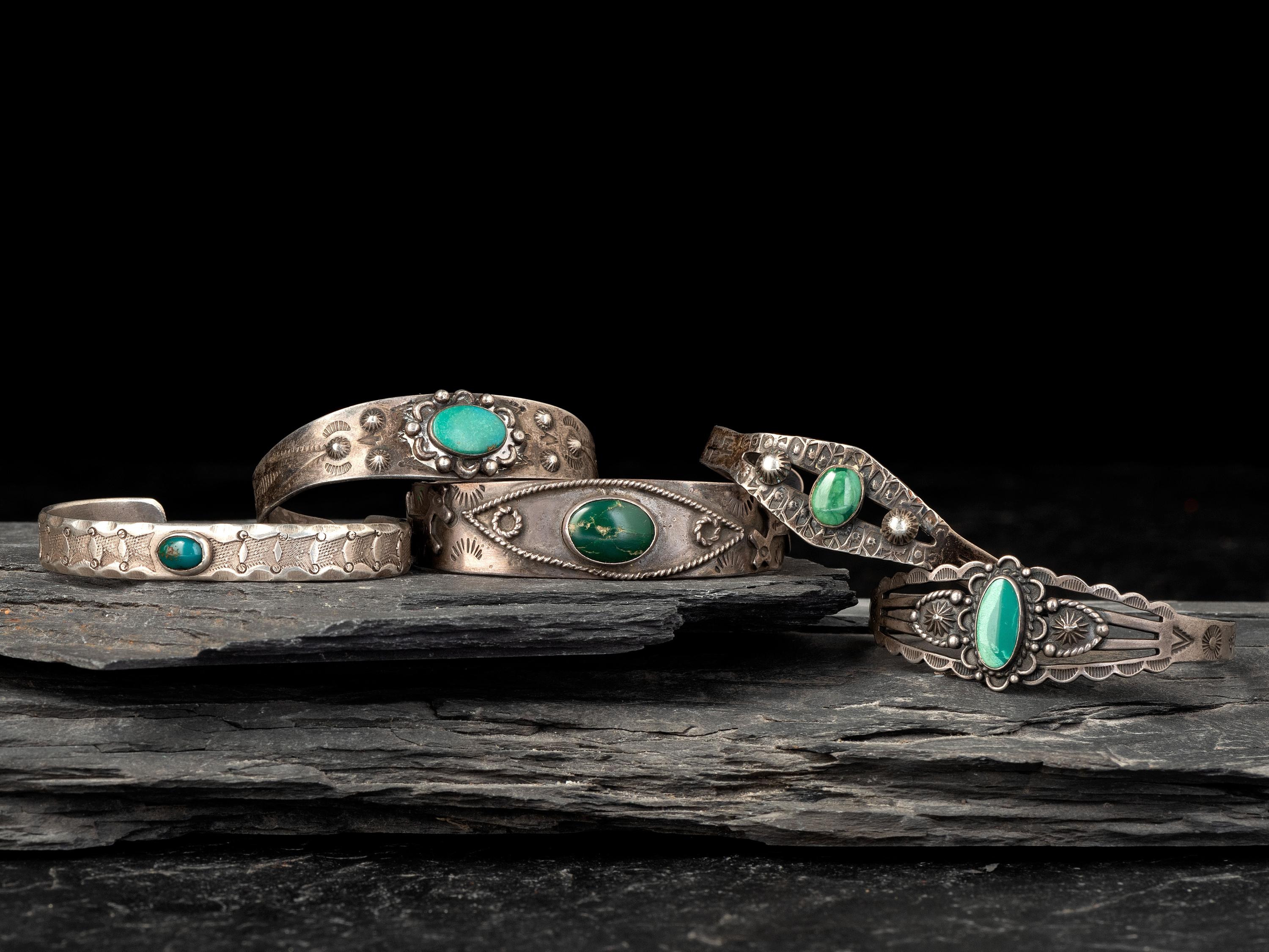 Fred Harvey Era Slender Navajo Silver and Turquoise Cuff Bracelets