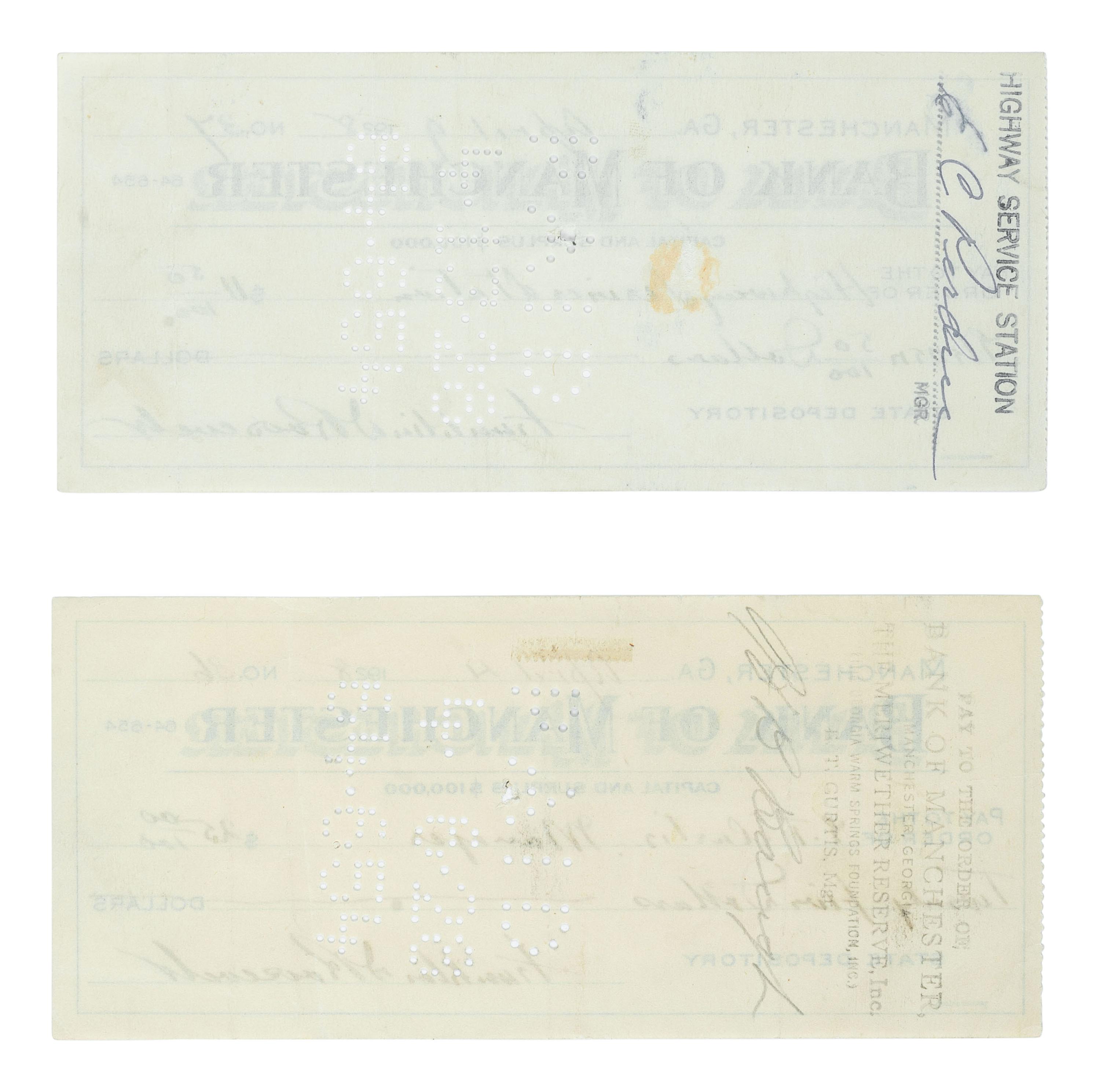 ROOSEVELT, Franklin D. (1882-1945). A group of 8 items, highlighted by 2 signed checks.