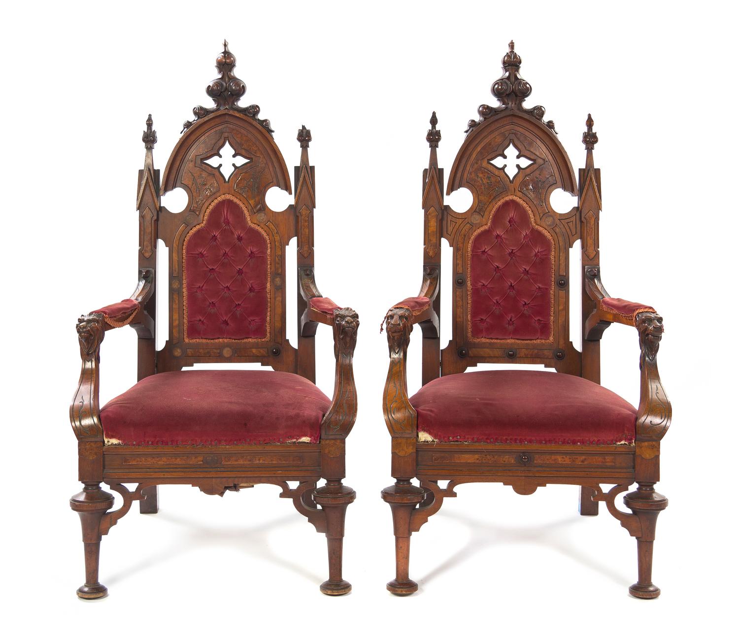 A Pair of Gothic Revival Open Armchairs, Height 46 1/4 inches.
