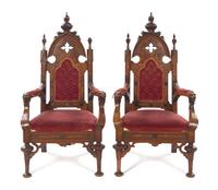 A Pair of Gothic Revival Open Armchairs, Height 46 1/4 inches.