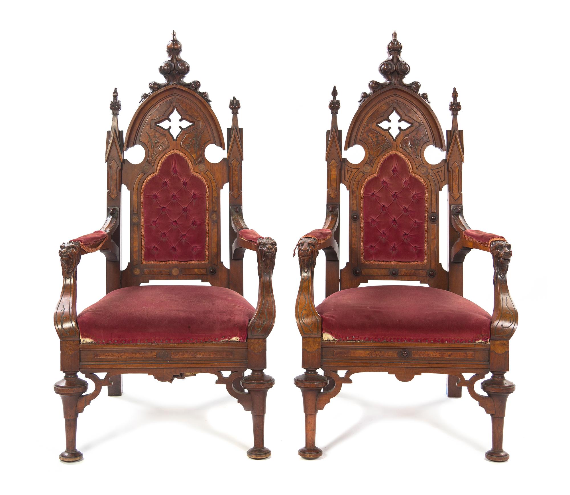 A Pair of Gothic Revival Open Armchairs, Height 46 1/4 inches.