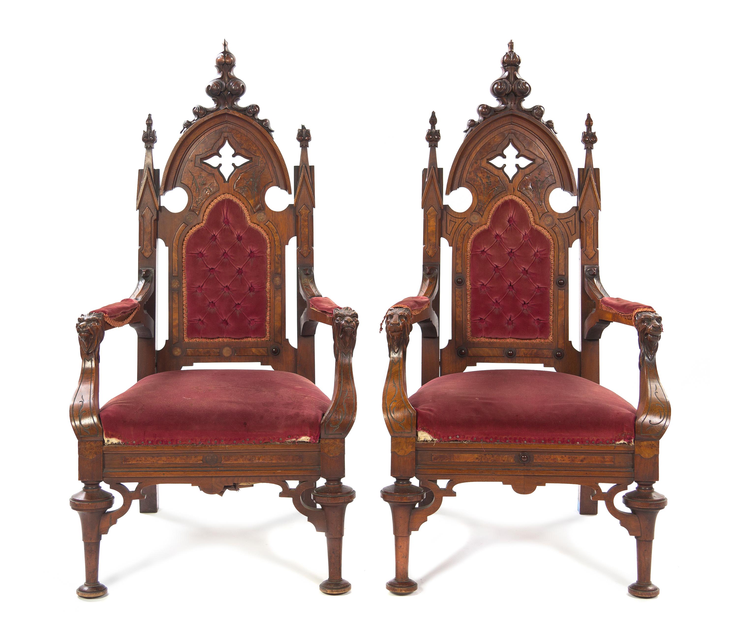 A Pair of Gothic Revival Open Armchairs, Height 46 1/4 inches.