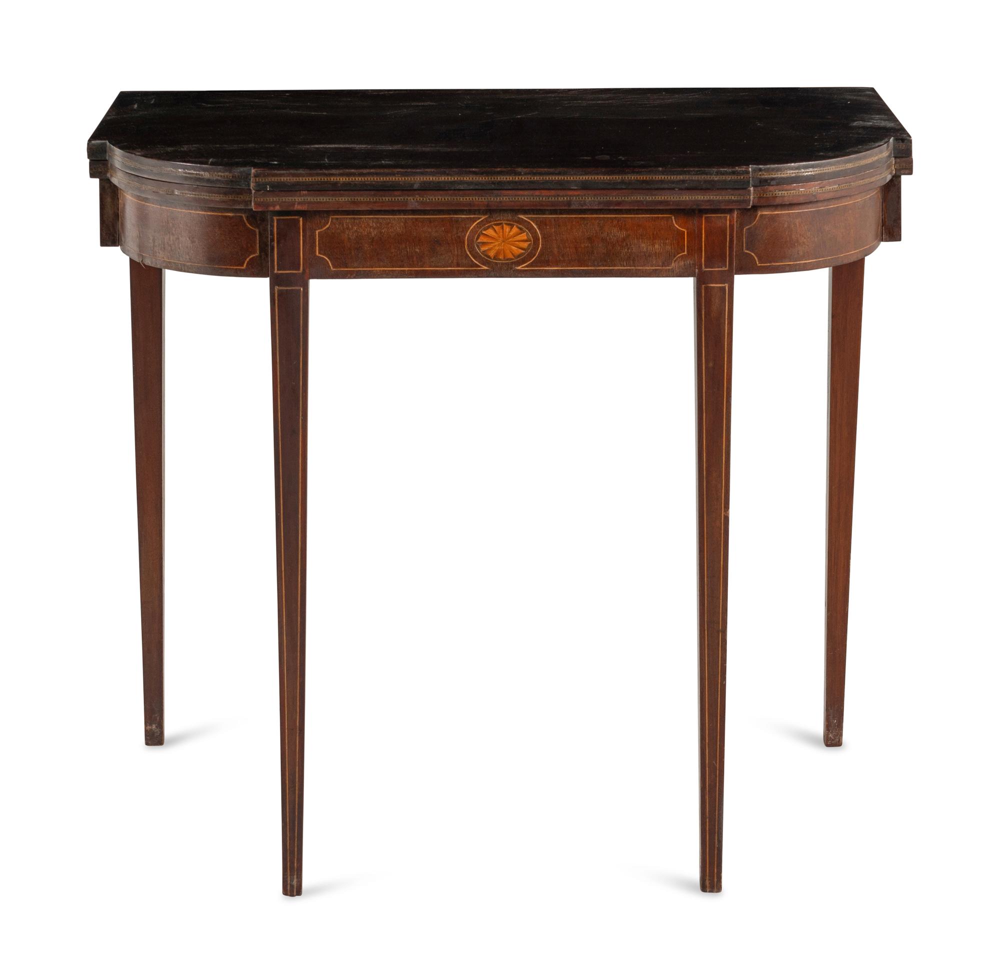 A George III Style Mahogany and Satinwood Marquetry Flip-Top Table