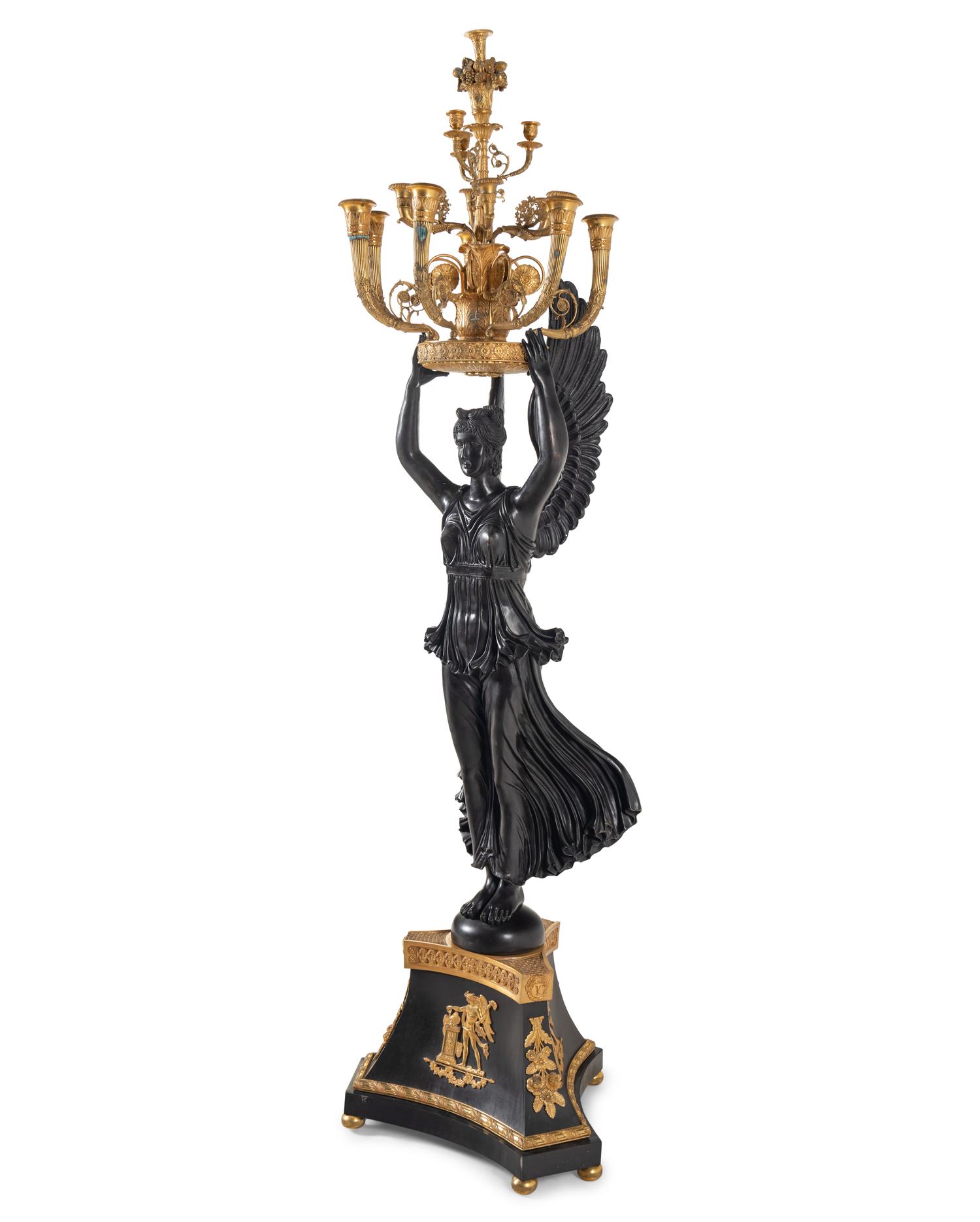 A Monumental Empire Style Gilt and Patinated Bronze Figural Torchère