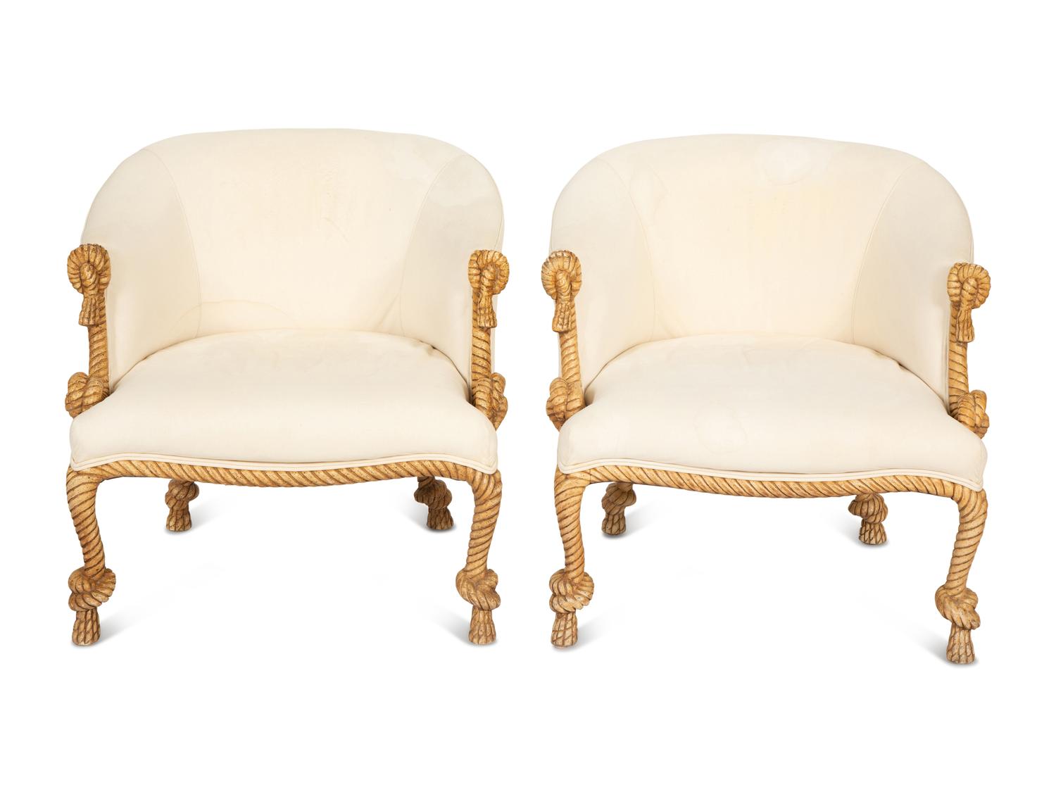 A Pair of Whimsical Rope Frame Low Armchairs