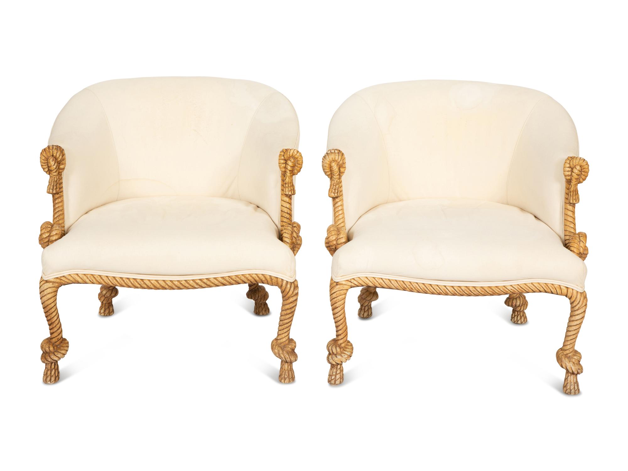 A Pair of Whimsical Rope Frame Low Armchairs