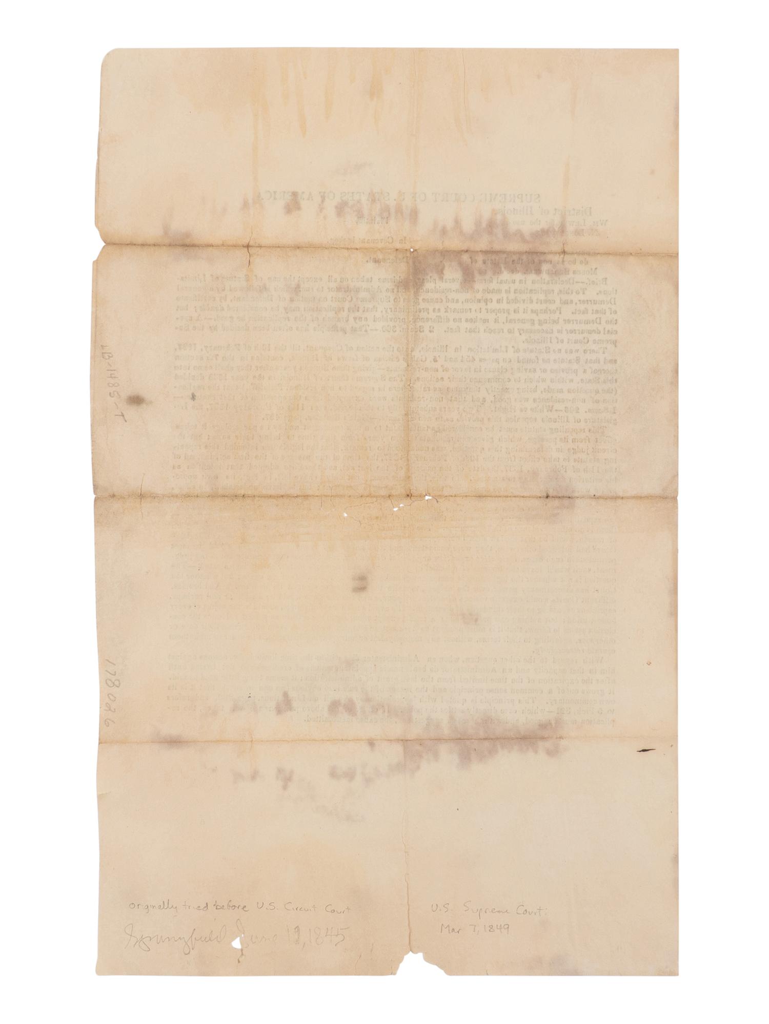 [LINCOLN, Abraham (1809-1865)]. Supreme Court of U. States of America. District of Illinois. Wm. Lewis, for use of N. Longworth against Thomas Lewis... N.p., n.p., n.d. [ca 7 March 1849].