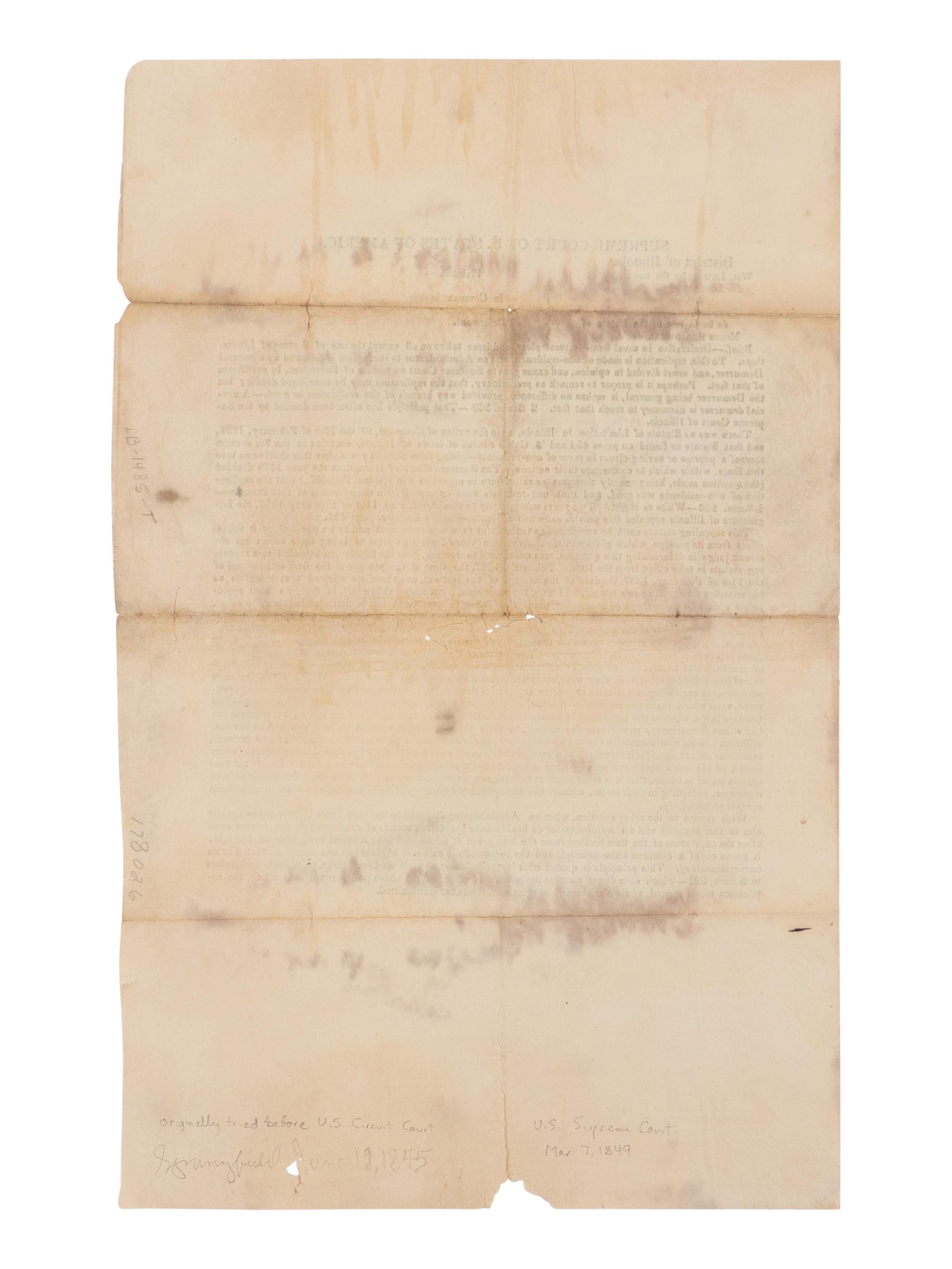 [LINCOLN, Abraham (1809-1865)]. Supreme Court of U. States of America. District of Illinois. Wm. Lewis, for use of N. Longworth against Thomas Lewis... N.p., n.p., n.d. [ca 7 March 1849].