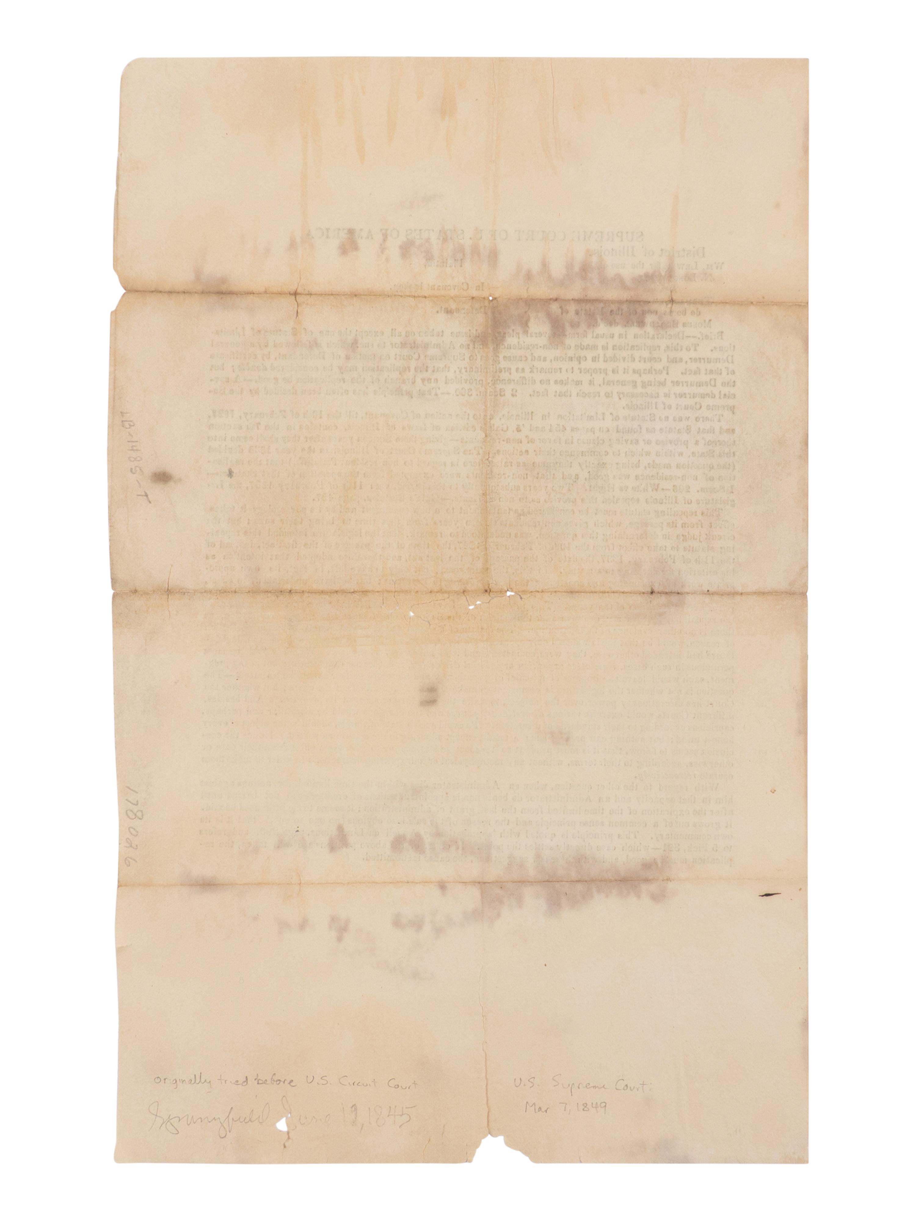 [LINCOLN, Abraham (1809-1865)]. Supreme Court of U. States of America. District of Illinois. Wm. Lewis, for use of N. Longworth against Thomas Lewis... N.p., n.p., n.d. [ca 7 March 1849].