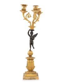A Pair of Empire Style Gilt and Patinated Bronze Figural Candelabra