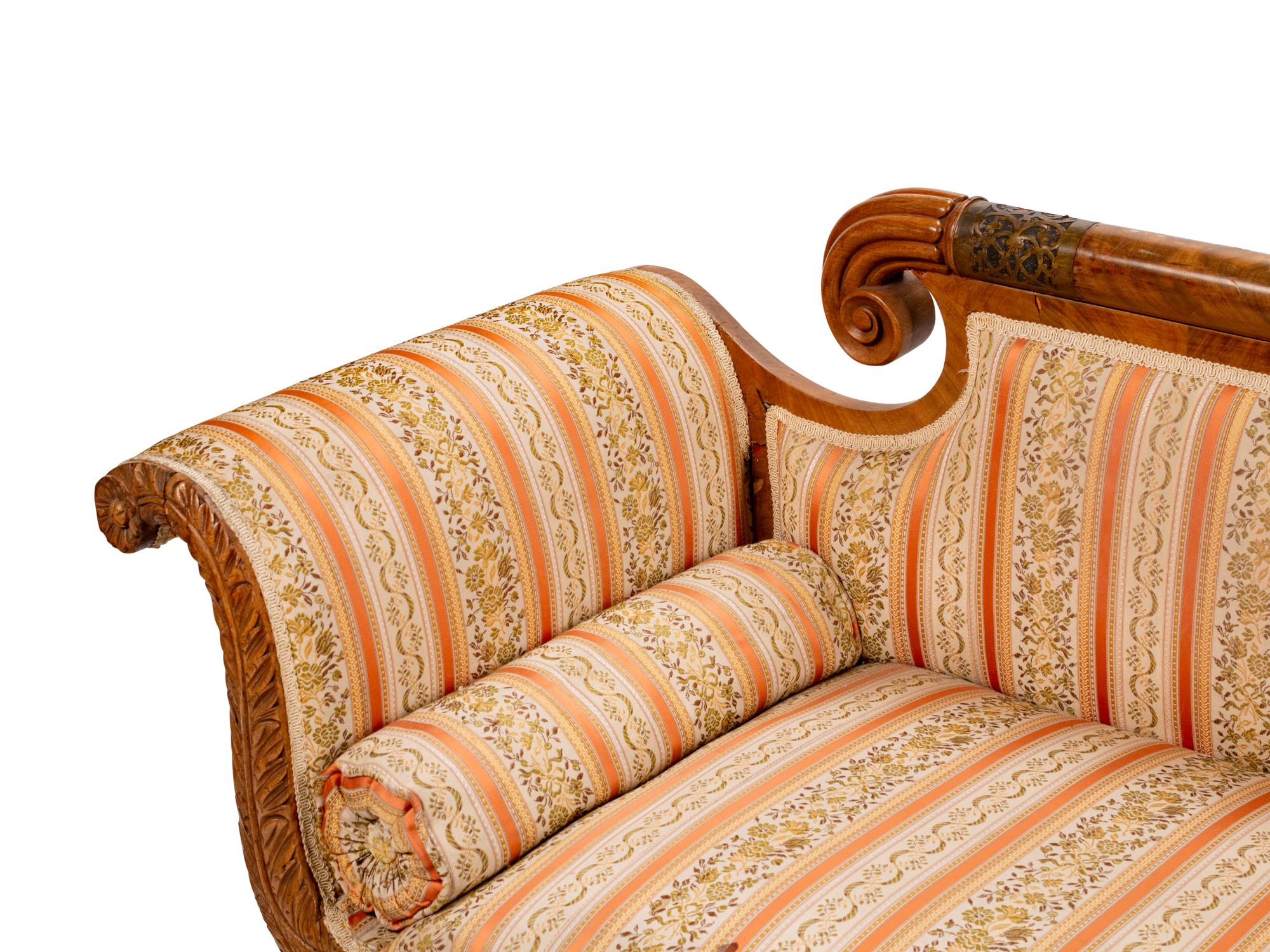 A American Classical Style Brass-Inlaid Mahogany Upholstered Settee — 19TH CENTURY