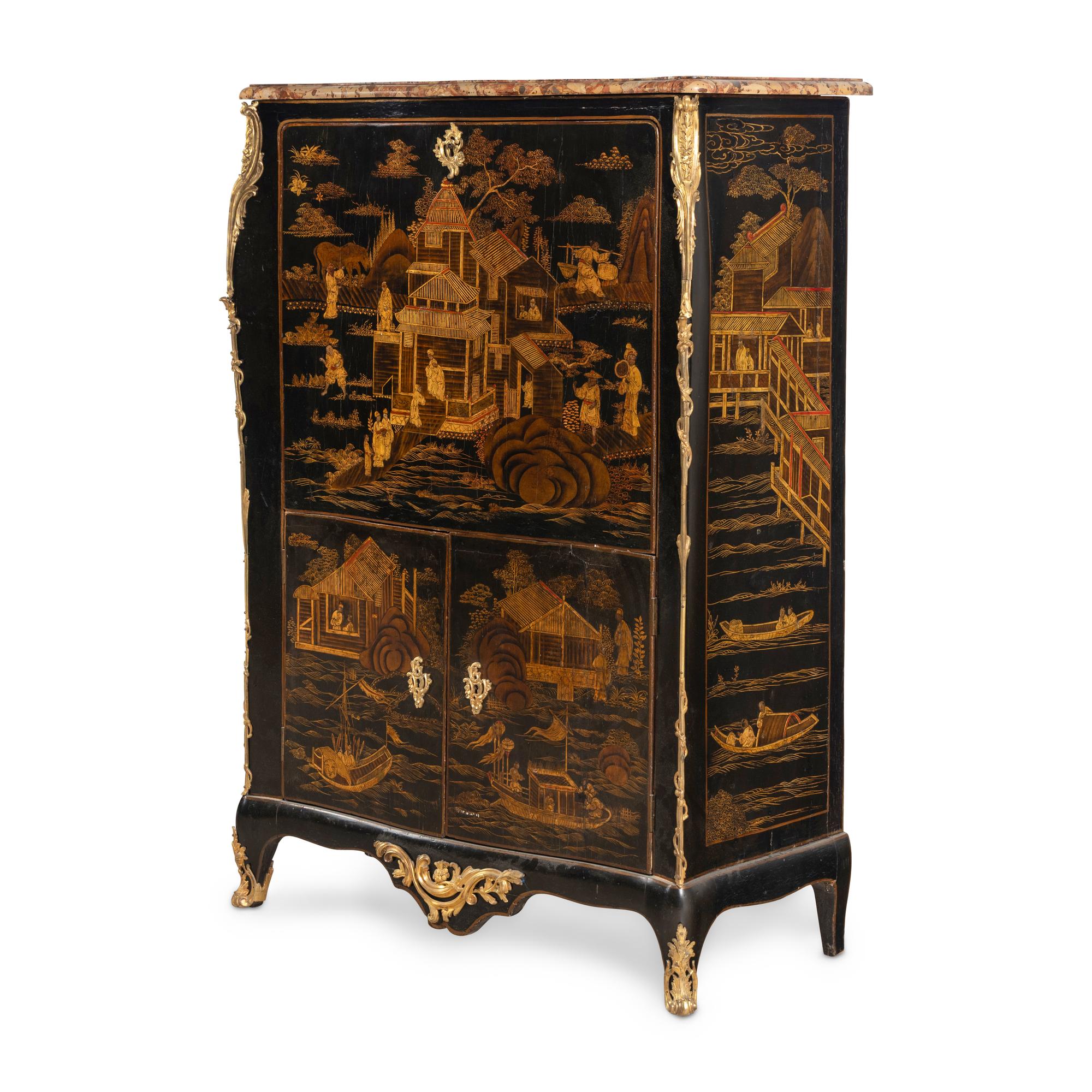 A Louis XV Gilt Bronze Mounted Black and Gold Lacquer Secrétaire à Abattant