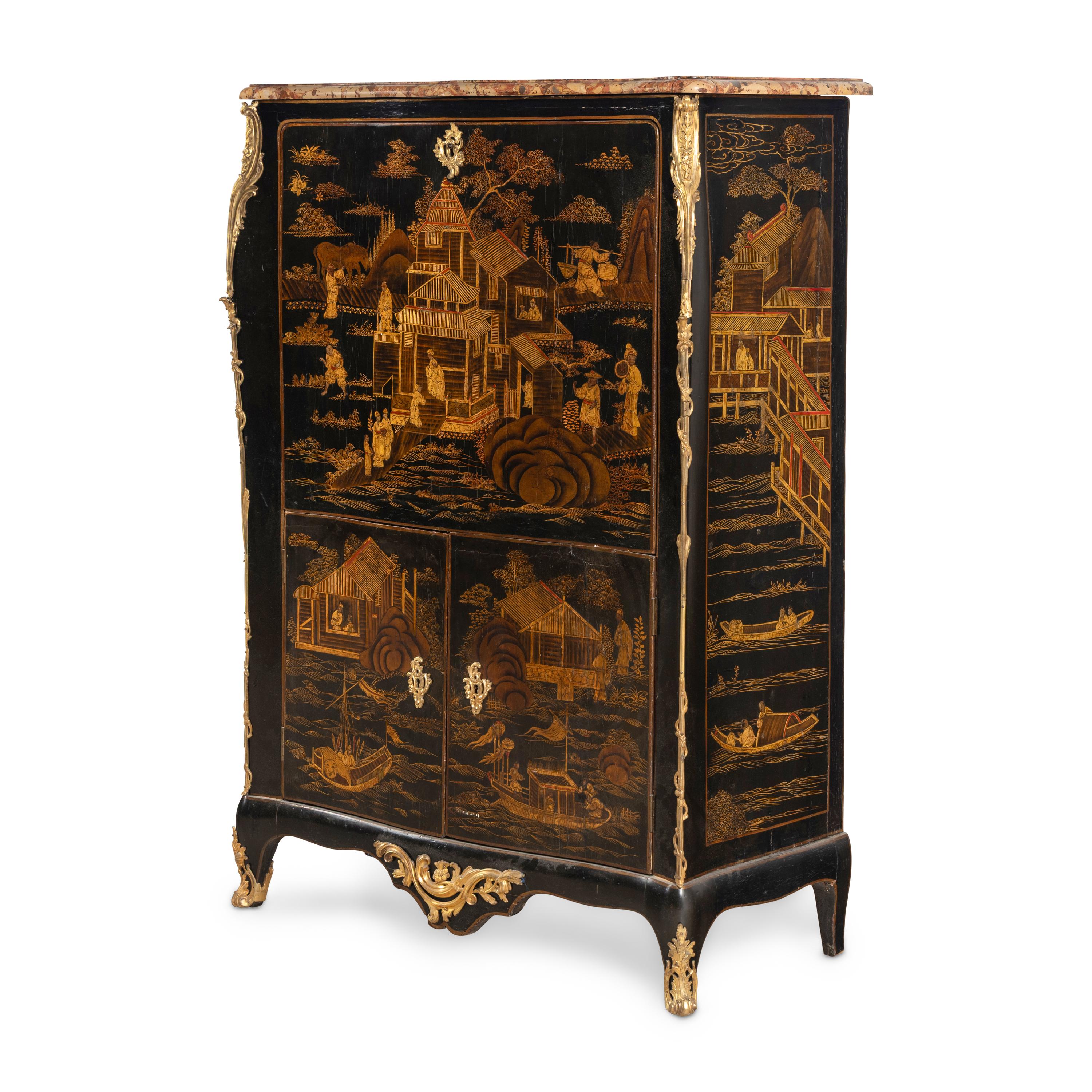 A Louis XV Gilt Bronze Mounted Black and Gold Lacquer Secrétaire à Abattant